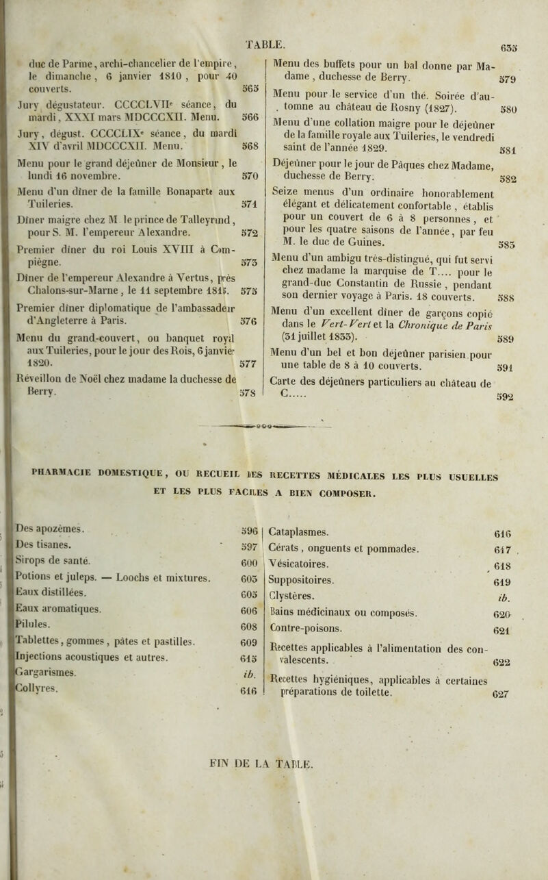 duc de Parme, archi-chancelier de l'empire, le dimanche, 6 janvier 1810 , pour 40 couverts. 365 Jury dégustateur. CCCCLYIP séance, du mardi. XXXI mars MDCCCXII. Menu. 566 Jury, dégust. CCCCLIX' séance, du mardi XIV d'avril MDCCCXII. Menu. 568 Menu pour le grand déjeuner de Monsieur, le lundi 16 novembre. 570 Menu d’un dîner de la famille Bonaparte aux Tuileries. 571 Dîner maigre chez M le prince de Talleynnd, pour S. M. l’empereur Alexandre. 572 Premier dîner du roi Louis XVIII à Com- pïègne. 573 Dîner de l’empereur Alexandre à Vertus, près Chalons-sur-Marne , le 11 septembre 1815. 575 Premier dîner diplomatique de l’ambassadeir d’Angleterre à Paris. 576 Menu du grand-couvert, ou banquet royal aux Tuileries, pour le jour des Rois, 6 janvier 1820. 577 Réveillon de Noël chez madame la duchesse de Berry. 578 Menu des buffets pour un bal donne par Ma- dame , duchesse de Berry. 579 Menu pour le service d’un thé. Soirée d au- . tourne au château de Rosny (1827). 580 Menu d’une collation maigre pour le déjeuner de la famille royale aux Tuileries, le vendredi saint de l’année 1829. 5§i Déjeuner pour le jour de Pâques chez Madame, duchesse de Berry. 532 Seize menus d’un ordinaire honorablement élégant et délicatement confortable , établis pour un couvert de 6 à 8 personnes , et pour les quatre saisons de l’année, par feu M. le duc de Guines. 535 Menu d’un ambigu très-distingué, qui fut servi chez madame la marquise de T.... pour le grand-duc Constantin de Russie , pendant son dernier voyage à Paris. 18 couverts. 588 Menu d’un excellent dîner de garçons copié dans le Vert-Vert a la Chronique de Paris (31 juillet 1833). 589 Menu d’un bel et bon dejeûner parisien pour une table de 8 à 10 couverts. 591 Carte des déjeûners particuliers au château de c 592 PHARMACIE DOMESTIQUE, OU RECUEIL llES RECETTES MÉDICALES LES PLUS USUELLES ET LES PLUS FACILES A BIEN COMPOSER. Des apozèmes. Des tisanes. Sirops de santé. Potions et juleps. — Loochs et mixtures. Eaux distillées. Eaux aromatiques. Pilules. Tablettes, gommes , pâtes et pastilles. Injections acoustiques et autres, largarismes. Collyres. 396 | Cataplasmes. 397 Cérats , onguents et pommades. Vésicatoires. Suppositoires. Clystères. Bains médicinaux ou composés. Contre-poisons. 600 603 605 606 608 609 615 ib. 616 616 617 618 619 ib. 620 621 622 Recettes applicables à l’alimentation des con- valescents. Recettes hygiéniques, applicables à certaines préparations de toilette. 627 FIN DE LA TABLE.
