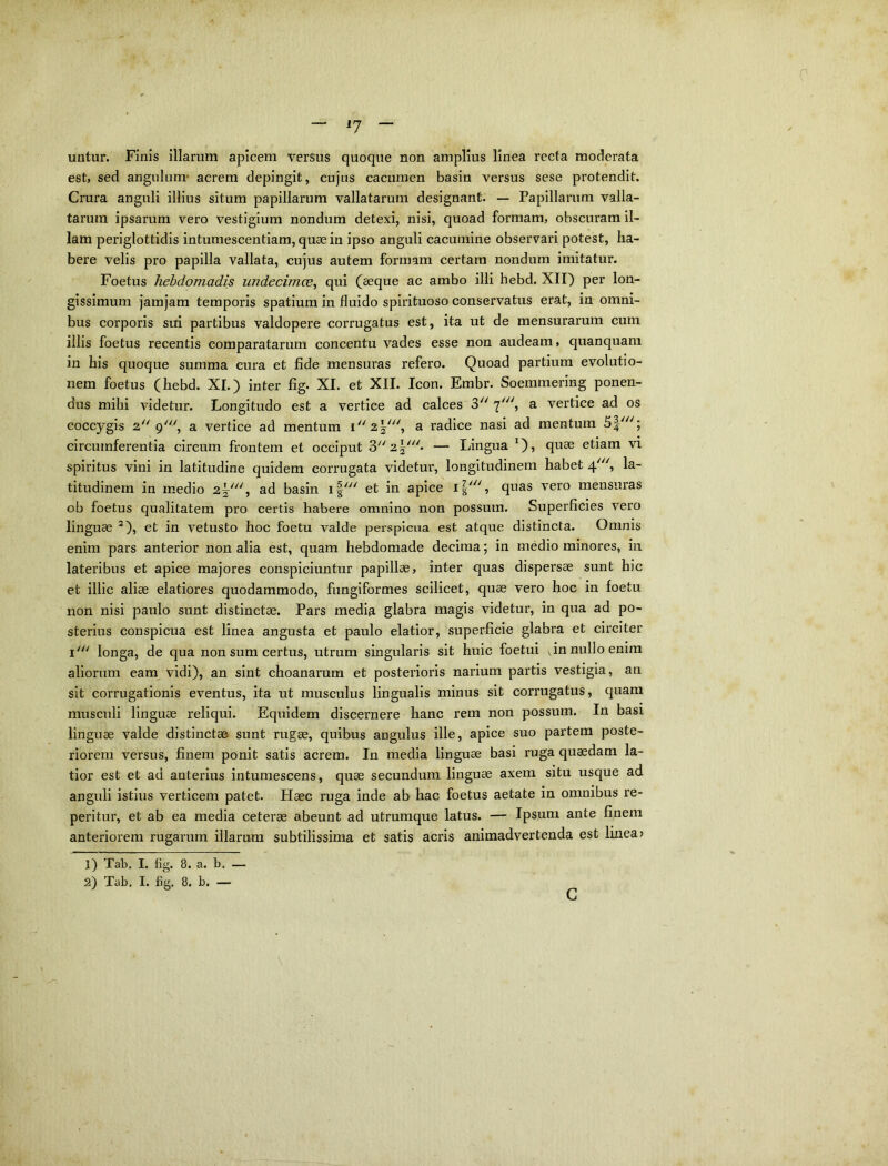 untur. Finis illarum apicem versus quoque non amplius linea recta moderata est, sed angulum* acrem depingit, cujns cacumen basin versus sese protendit. Crura anguli illius situm papillarum vallatarum designant. — Papillarum valla- tarum ipsarum vero vestigium nondum detexi, nisi, quoad formam, obscuram il- lam periglottidis intumescentiam, quaein ipso anguli cacumine observari potest, ha- bere velis pro papilla vallata, cujus autem formam certam nondum imitatur. Foetus hebdomadis undecimce, qui (aeque ac ambo illi hebd. XII) per lon- gissimum jamjam temporis spatium in fluido spirituoso conservatus erat, in omni- bus corporis sui partibus valdopere corrugatus est, ita ut de mensurarum cum illis foetus recentis comparatarum concentu vades esse non audeam, quanquam in his quoque summa cura et fide mensuras refero. Quoad partium evolutio- nem foetus (hebd. XI.) inter fig. XI. et XII. Icon. Embr. Soemmering ponen- dus mihi videtur. Longitudo est a vertice ad calces 3^^ 7^^^ ^ vertice ad os coccygis 2'' 9^, a vertice ad mentum i2j', a radice nasi ad mentum 5|'; circumferentia circum frontem et occiput 32|'. — Lingua 0? etiam vi spiritus vini in latitudine quidem corrugata videtur, longitudinem habet 4''', la- titudinem in medio 2^''', ad basin i|' et in apice qnas vero mensuras ob foetus qualitatem pro certis habere omnino non possum. Superficies vero linguae ^), et in vetusto hoc foetu valde perspicua est atque distincta. Omnis enim pars anterior non alia est, quam hebdomade decima; in medio minores, in lateribus et apice majores conspiciuntur papillae, inter quas dispersae sunt hic et illic aliae elatiores quodammodo, fungiformes scilicet, quae vero hoc in foetu non nisi paulo sunt distinctae. Pars media glabra magis videtur, in qua ad po- sterius conspicua est linea angusta et paulo elatior, .superficie glabra et circiter longa, de qua non sum certus, utrum singularis sit huic foetui ,in nullo enim aliorum eam vidi), an sint choanarum et posterioris narium partis vestigia, an sit corrugationis eventus, ita ut musculus lingualis minus sit corrugatus, quam musculi linguae reliqui. Equidem discernere hanc rem non possum. In basi linguae valde distinctae sunt rugae, quibus angulus ille, apice suo partem poste- riorem versus, finem ponit satis acrem. In media linguae basi ruga quaedam la- tior est et ad anterius intumescens, quae secundum linguae axem situ usque ad anguli istius verticem patet. Haec ruga inde ab hac foetus aetate in omnibus re- peritur, et ab ea media ceterae abeunt ad utrumque latus. — Ipsum ante finem anteriorem rugarum illarum subtilissima et satis acris animadvertenda est linea > \ 1) Tab. I. fig. 8. a. b. — 2) Tab, I. fig. 8. b. — c