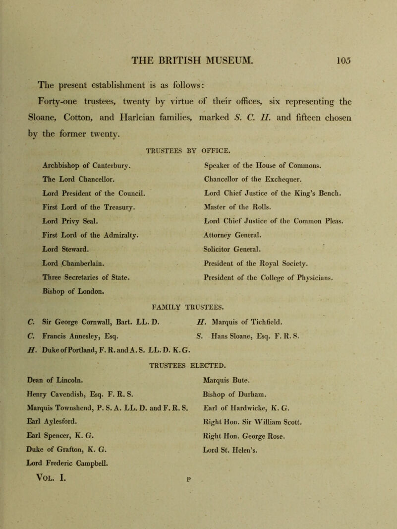 The present establishment is as follows: Forty-one trustees, twenty by virtue of their offices, six representing the Sloane, Cotton, and Harleian families, marked S. C. II. and fifteen chosen by the former twenty. TRUSTEES BY OFFICE. Archbishop of Canterbury. The Lord Chancellor. Lord President of the Council. First Lord of the Treasury. Lord Privy Seal. First Lord of the Admiralty. Lord Steward. Lord Chamberlain. Three Secretaries of State. Bishop of London. Speaker of the House of Commons. Chancellor of the Exchequer. Lord Chief Justice of the King’s Bench. Master of the Rolls. Lord Chief Justice of the Common Pleas. Attorney General. Solicitor General. President of the Royal Society. President of the College of Physicians. FAMILY TRUSTEES. C. Sir George Cornwall, Bart. LL. D. II. Marquis of Tichfield. C. Francis Annesley, Esq. S. Hans Sloane, Esq. F. R. S. H. Duke of Portland, F. R. and A. S. LL. D. K. G. TRUSTEES ELECTED. Dean of Lincoln. Henry Cavendish, Esq. F. R. S. Marquis Townshend, P. S. A. LL. D. and F. R. S. Earl Aylesford. Earl Spencer, K. G. Duke of Grafton, K. G. Lord Frederic Campbell. VOL. I. I Marquis Bute. Bishop of Durham. Earl of Hardwicke, K. G. Right Hon. Sir William Scott. Right Hon. George Rose. Lord St. Helen’s.