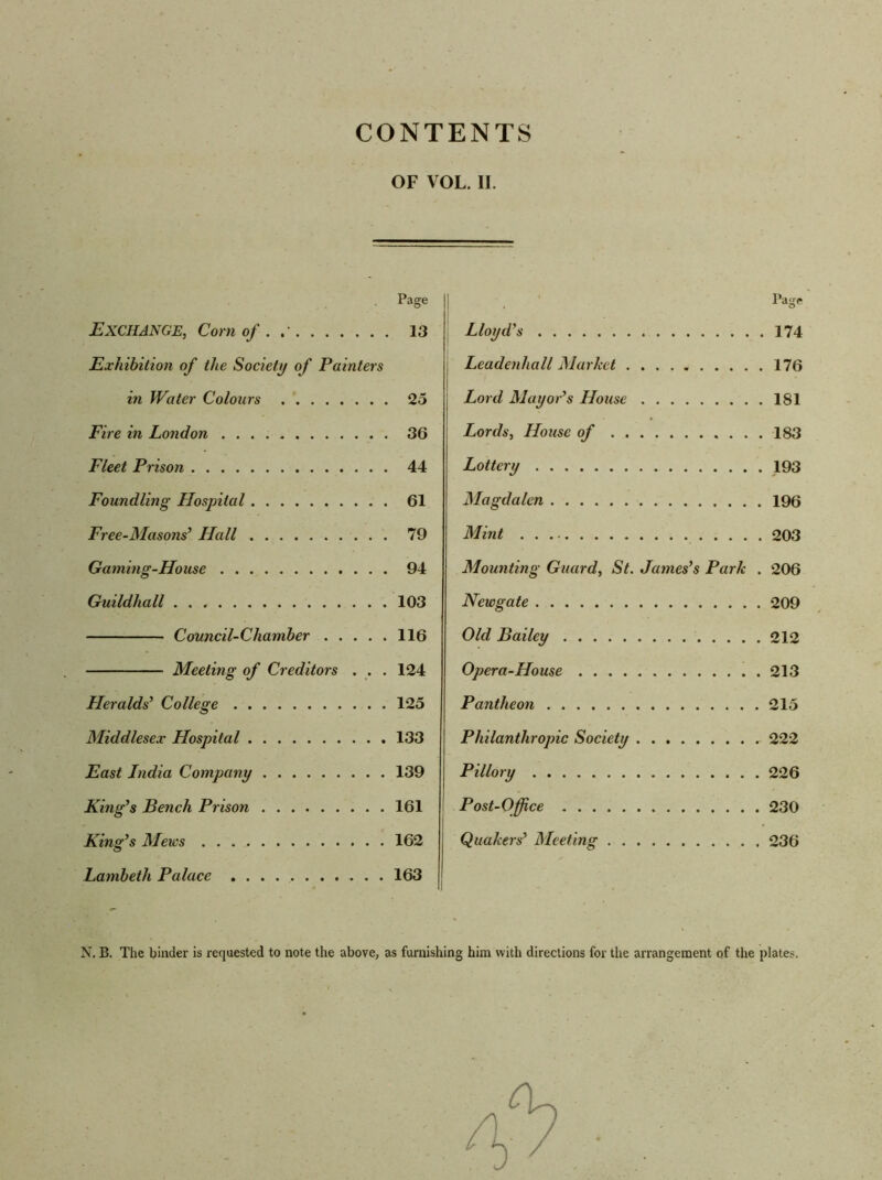 CONTENTS OF VOL. II. Page Exchange, Com of . .• 13 Exhibition of the Society of Painters in Water Colours 25 Fire in London 36 Fleet Prison 44 Foundling Hospital 61 Free-Masons’ Hall 79 Gaming-House 94 Guildhall 103 Council-Chamber 116 Meeting of Creditors . . . 124 Heralds’ College 125 Middlesex Hospital 133 East India Company 139 King's Bench Prison 161 King’s Mews 162 Lambeth Palace 163 Page Lloyd's . 174 Leadenhall Market . 176 Lord Mayor’s House . 181 Lords, House of Lottery Magdalen Mint Mounting Guard, St. James’s Park . 206 Newgate Old Bailey . 212 Opera-House . 213 Pantheon . 215 Philanthropic Society Pillory . 226 Post-Office Quakers’ Meeting N. B. The binder is requested to note the above, as furnishing him with directions for the arrangement of the plates.