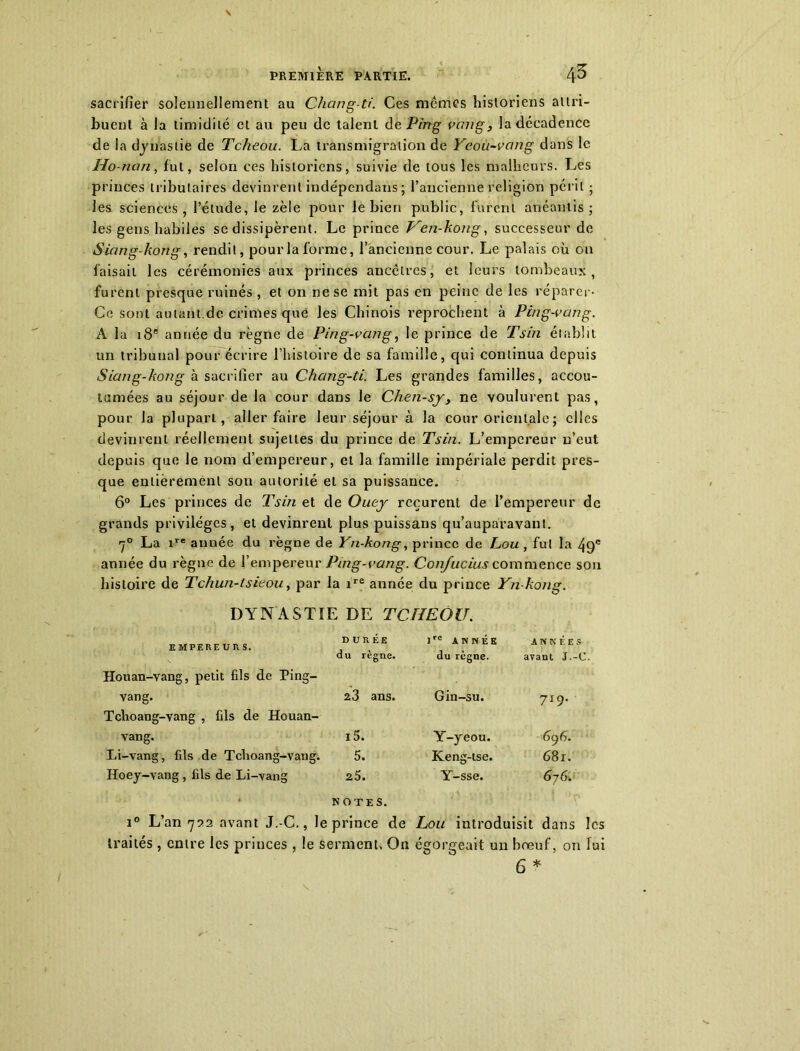 sacrifier solennellement au Chang-ti. Ces mêmes historiens attri- buent à la timidité et au peu de talent de Ping vang, la décadence de la dynastie de Tcheou. La transmigration de Yeou-vang dans le Ho-nan, fut, selon ces historiens, suivie de tous les malheurs. Les princes tributaires devinrent indépendans ; l’ancienne religion péril ; les sciences, l’étude, le zèle pour le bien public, furent anéantis; les gens habiles se dissipèrent. Le prince Ven-kong, successeur de Sicing-kong, rendit, pourlaformc, l’ancienne cour. Le palais où on faisait les cérémonies aux princes ancêtres, et leurs tombeaux, furent presque ruinés , et on ne se mit pas en peine de les réparer- Ce sont autant.de crimes que les Chinois reprochent à Ping-vang. A la 18e année du règne de Ping-vang, le prince de Tsin établit un tribunal pour écrire l’histoire de sa famille, qui continua depuis Siang-kong à sacrifier au Chang-ti. Les grandes familles, accou- tumées au séjour de la cour dans le Chen-sy> ne voulurent pas, pour la plupart, aller faire leur séjour à la cour orientale; elles devinrent réellement sujettes du prince de Tsin. L’empereur n’eut depuis que le nom d’empereur, et la famille impériale perdit pres- que entièrement son autorité et sa puissance. 6° Les princes de Tsin et de Ouey reçurent de l’empereur de grands privilèges, et devinrent plus puissans qu’auparavant. 1° La ire année du règne de Yn-kong, prince de Lou , fut la 49e année du règne de l’empereur Ping-vang. Confucius commence son histoire de Tchun-tsieou, par la ire année du prince Yn-kong. DYNASTIE DE TCHEOU. EMPEREURS. 1  A™E du régné. du régné. Houan-vang, petit fils de Ping- ANNÉES avant J.-C vang. Tchoang-vang , fils de Houan- 2.3 ans. Gin-su. 719- vang. i5. Y-yeou. 696. Li-vang, fils de Tchoang-vang. 5. Keng-tse. 68r. Hoey-vang , fils de Li-vang 25. NOTES. Y-sse. 6j6. i° L’an 722 avant J.-C., le prince de Lou introduisit dans les traités , entre les princes , le serment. On égorgeait un boeuf, on lui 6*