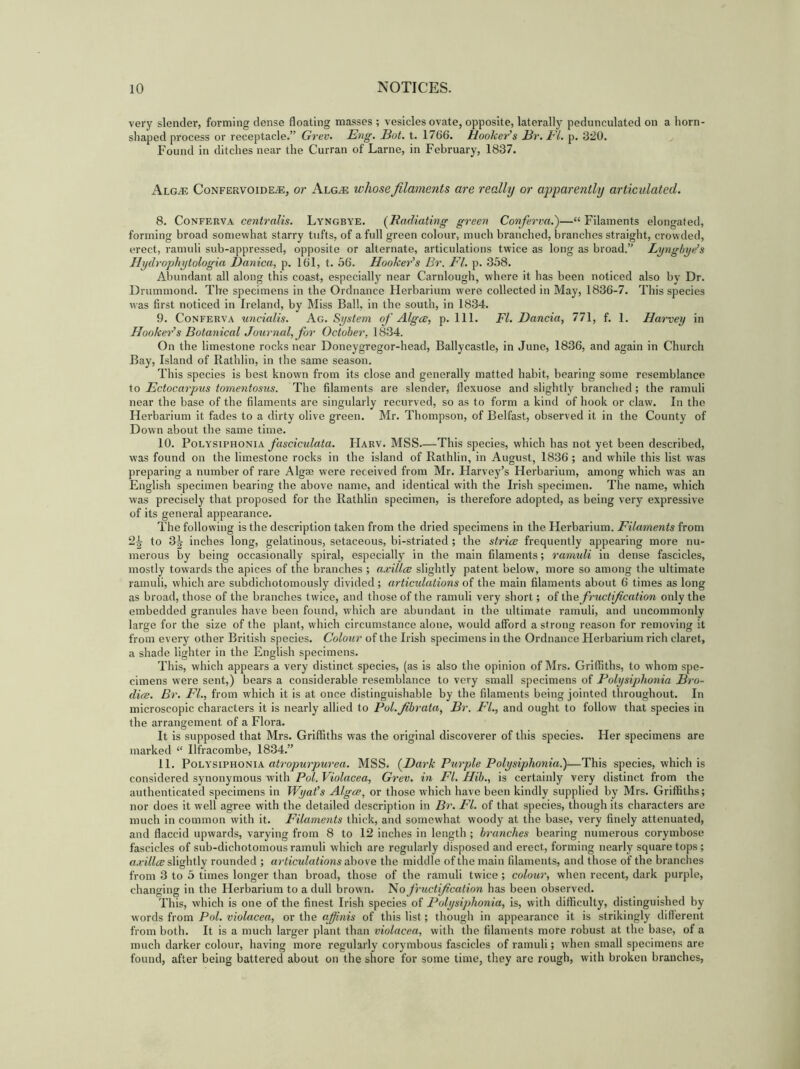 very slender, forming dense floating masses ; vesicles ovate, opposite, laterally pedunculated on a horn- shaped process or receptacle.” Grev. Eng. Bot. t. 1766. Hooker’s Br. Ft. p. 320. Found in ditches near the Curran of Larne, in February, 1837. A LG/E CoNFERVoin E/E, or Alg/E whose filaments are really or apparently articulated. 8. Conferva centralis. Lyngbye. (Radiating green Conferva.)—“ Filaments elongated, forming broad somewhat starry tufts, of a full green colour, much branched, branches straight, crowded, erect, ramuli sub-appressed, opposite or alternate, articulations twice as long as broad.” Lyngbye’s Hydrophytologia Danica, p. 161, t. 56. Hooker’s Br. FI. p. 358. Abundant all along this coast, especially near Carnlough, where it has been noticed also by Dr. Drummond. The specimens in the Ordnance Herbarium were collected in May, 1836-7. This species was first noticed in Ireland, by Miss Ball, in the south, in 1834. 9. Conferva uncialis. Ag. System of Algae, p. 111. FI. Bancia, 771, f. 1. Harvey in Hooker’s Botanical Journal, for October. 1834. On the limestone rocks near Doneygregor-head, Ballycastle, in June, 1836, and again in Church Bay, Island of Rathlin, in the same season. This species is best known from its close and generally matted habit, bearing some resemblance to Ectocarpus tomentosus. The filaments are slender, fiexuose and slightly branched; the ramuli near the base of the filaments are singularly recurved, so as to form a kind of hook or claw. In the Herbarium it fades to a dirty olive green. Mr. Thompson, of Belfast, observed it in the County of Down about the same time. 10. Polysiphonia fasciculata. Harv. MSS.—This species, which has not yet been described, was found on the limestone rocks in the island of Rathlin, in August, 1836 ; and while this list was preparing a number of rare Algae were received from Mr. Harvey’s Herbarium, among which was an English specimen bearing the above name, and identical with the Irish specimen. The name, which was precisely that proposed for the Rathlin specimen, is therefore adopted, as being very expressive of its general appearance. The following is the description taken from the dried specimens in the Herbarium. Filaments from 2^- to 3^ inches long, gelatinous, setaceous, bi-striated; the strive frequently appearing more nu- merous by being occasionally spiral, especially in the main filaments; ramuli in dense fascicles, mostly towards the apices of the branches ; axillae slightly patent below, more so among the ultimate ramuli, which are subdichotomously divided ; articulations of the main filaments about 6 times as long as broad, those of the branches twice, and those of the ramuli very short; of the fructification only the embedded granules have been found, which are abundant in the ultimate ramuli, and uncommonly large for the size of the plant, which circumstance alone, would afford a strong reason for removing it from every other British species. Colour of the Irish specimens in the Ordnance Herbarium rich claret, a shade lighter in the English specimens. This, which appears a very distinct species, (as is also the opinion of Mrs. Griffiths, to whom spe- cimens were sent,) bears a considerable resemblance to very small specimens of Polysiphonia Bro- dice. Br. FI., from which it is at once distinguishable by the filaments being jointed throughout. In microscopic characters it is nearly allied to Pol.fibrata, Br. FI., and ought to follow that species in the arrangement of a Flora. It is supposed that Mrs. Griffiths was the original discoverer of this species. Her specimens are marked “ Ilfracombe, 1834.” 11. Polysiphonia atropurpurea. MSS. (Dark Purple Polysiphonia.)-—This species, which is considered synonymous with Pol. Violacea, Grev. in FI. Hib., is certainly very distinct from the authenticated specimens in Wyat’s Algce, or those which have been kindly supplied by Mrs. Griffiths; nor does it well agree with the detailed description in Br. FI. of that species, though its characters are much in common with it. Filaments thick, and somewhat woody at the base, very finely attenuated, and flaccid upwards, varying from 8 to 12 inches in length ; branches bearing numerous corymbose fascicles of sub-dichotomous ramuli which are regularly disposed and erect, forming nearly square tops; axillae slightly rounded ; articulations above the middle of the main filaments, and those of the branches from 3 to 5 times longer than broad, those of the ramuli twice; colour, when recent, dark purple, changing in the Herbarium to a dull brown. No fructification has been observed. This, which is one of the finest Irish species of Polysiphonia, is, with difficulty, distinguished by words from Pol. violacea, or the affinis of this list; though in appearance it is strikingly diflerent from both. It is a much larger plant than violacea, with the filaments more robust at the base, of a much darker colour, having more regularly corymbous fascicles of ramuli; when small specimens are found, after being battered about on the shore for some time, they are rough, with broken branches,