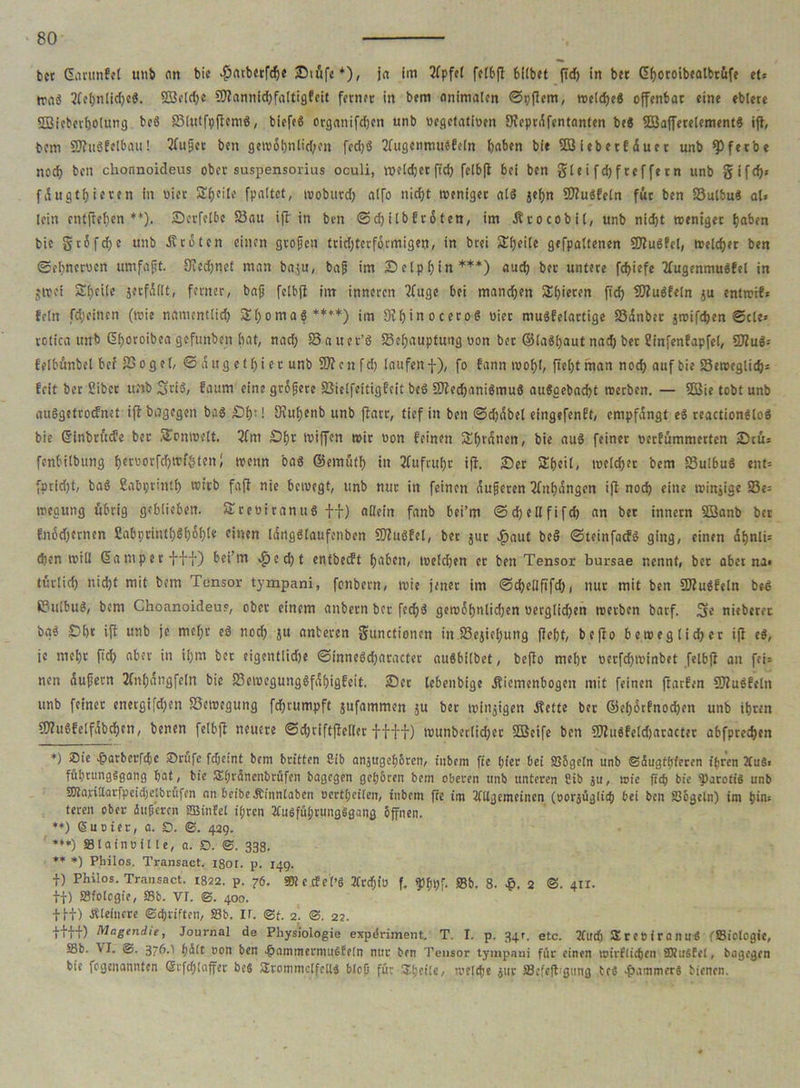 bet Garunfel unb mt bic ^arberfch« Siüfe*), ja im 2fpfel fe[6fl bUbet (Td) in bet Ghoroibcalbtüfe et: wag 3(ehn!td;cg. SBcldje ÜJlannichfaltigfeit ferner in bem animalen ©pflem, welcheg offenbar eine eblete 5Bicbcvf)0iung beg Blulfpflemg, biefeS organifchcn unb oegetatiuen ERepr^fentnnten beg Söafferelementg ifl, bem SJlugfelbau! 3(ußct ben gew5hnlid;en fccljö tfugenmuofeln haben bi« Söiebetfduer unb ^fer'oe noch ben chonnoideus ober suspensorius oculi, welcher fich felbfi bei ben glcifdjfreffern unb gifcf)* fdugthieven in «iet Sheile fpaltct, woburd; alfo nicht weniger alg jefjn Uftugfeln für ben Bul&u« al» lein entftehen **). Sccfelbc Bau ifl in ben @d) i lb f r 61 en, im Ätocobil, unb nicht weniger haben bie gtofehe unb ÄrStcn einen großen tridjtcrfdrmigen, in btei SEheile gefpaltenen SfJlugfel, welcher ben ©chncrucn umfaßt. Otedjnct man baju, baß im Sclphin***) auch ber untere fcfjiefc Kugenmugfel in jwoi Sheile jerfdllt, ferner, baß felbfi im inneren Ifuge bei manchen SEhieren fid) EDlugfeln ju entwif: fein fdjeinen (wie namentlich SEhomag****) im 3rl)inocetog oier mugfelartige Bdnber jwifdjen ©cle» tolica tmb G>horoibca gefunben hat, nadj Bauct’g Behauptung non ber ©laghaut nad) ber üinfenfapfel, SJlug: felbunbcl bei SSoget, © dug e t hi er unb SDlcn fd; laufen f), fo fann wohl, ftefjt man noch auf bie Beweglich: feit ber Sibet unb Sjrig, faum eine größere Bielfeitigfcit beg SUechanigmug augaebacht werben. — 2öie tobt unb auggetroefnet ifl b^gegen bag Sf);! fKu(;enb unb ftarr, tief in ben ©chdbel eingefenft, empfangt eg reactionf loö bie Gfinbrftcfe ber SEonwelt. 3fm Sfjt tuiffen wir non feinen SEhrdnen, bie aug feiner nerfümmerten Scu» fenbilbung h«norfd)Wi5lenwenn oag ©emüth in Aufruhr ifl. Ser SEßeil, weldjer bem Bulhug ent: fpridjt, tag Sabprinth wirb fafl nie bewegt, unb nur in feinen dußeren 3fnhdngen ifl noch «irre winjige Be= weaung übrig geblieben. SEceöitanug ff) allein fanb bei’m ©d;ellfifd; an bet innetn SBanb ber f.n6d)crnen EahprinthSh&hte «inen Idngglaufenbcn SJlugfel, ber 5UC #aut be§ ©teinfaefg ging, einen ahnli= chen will Gamper fff) bei’m $ccht entbecFt haben, welchen ec ben Tensor bursae nennt, ber aber na» türlich nicht mit bem Tensor tympani, fonbern, wie jener im ©chellfifd), nur mit ben SJJlugfeln beg Bulbug, bem Choanoideus, ober einem anbern bot fedjg gewöhnlichen «ergtichen werben barf. fge nieberer bgg £)hr ifl unb je mehr eg noch Su anteren gunctioncn in Bejahung fleht, befto beweglicher ifl eg, je mehr fich aber in ihm ber eigcntlidje ©innegd)aracter augbilbet, beflo mehr ocrfdjwinbet felbfi an fei» nen dußern 2fnhdngfetn bie Bewegunggfdhigfeit. Ser lebenbige Äiemenbogen mit feinen ftarfen SKugfeln unb feiner energi[d;en Bewegung fdjrumpft jufammen ju ber winjigen Äette ber ©ehörfnod)en unb ihren SJlugfelfabchcn, benen felbfi neuere ©djriftfleller ff ff) wunberlidher SDBeife ben EOlusfeldjaracter abfprechen *) ®ie •f’arberrdie Sröfe fdjeint bem britten Cib anjugehören, inbem fic hier bei SBögeln unb ©äugfhfccen ihren 3tuS> führungggang hat, bie Sßrdncnbrüfen bagegen gehören bem oberen unb unteren Cib ju, wie fich bie sJ)aroti§ unb SOlariltaripeidjetbrüfcn an beibeÄinnlaben »ertheilen, tnbem fre im 2fllgemcincn (oorjüglich bei ben 836gcln) im hin« teren ober äußeren SBinfel ihren tfusführungSgang öffnen. ♦+) Suoier, a. O. ©. 429. ***) SBIainoille, a. D. ©. 33g. ** *) Pliilos. Transact. 1801. p. 149. t) Philos. Transact. 1822. p. 76. fOt e cfel’S 2Crrfjiu f. ßlfipf. S3b. 8. ^>. 2 @. 411. tf) SBiolcgie, S5b. VI. @. 400. fff) Äteincre (Schriften, S3b. ir. <St. 2. ©. 22. tttf) Magtndie, Journal de Physiologie expt'viment. T. I. p. 34». etc. 2tud) SEreeiranu« ('ffiiologie, S8b. VI. @. 376.1 t)ilt oon ben ^ammermufiErln nur ben Tensor tympani für einen wirtlichen OTuStel, bagegen bie fegenannten ©rfchlaffer beS Srommclfellg bloß für 31t;citc, weiche jur SBefejl-gung brg Jammers bienen.