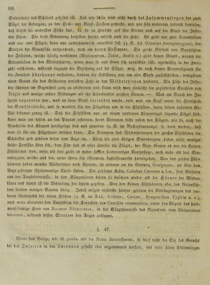 80 ©eitentgcilc bcä ScgdbclS ach.ft»t ifK Unb wie fdj6n wirb nidjt burcg ba8 3u fa m m enli egcn bet jwe» glügcl bet Uebcrgattg ju ben .£>al8- unb S3ru(I--glofTetn gcmnd;t, unb tric fegt wiebetum bnfcutcg bewiefen, bag biefcS bic niebccffett gifdje finb, ba fie in £in[icgt auf ifjrc ©lieber ned) auf bet Stufe btt 3nfec» len fielen, gut biefe Söebeutung bcrfelben fprid)t enblicg aueg bic 3»gl. SS giebt nut jwei ßrtremitdten unb nur >wti gtfigel; benn nut auSnagmSwcife entwicfelt fid) ($. ß. bei Glaucus hexapterygius), bet Srcigcil bet S3aud)fügc entfprcdjeitb, nod) ein btitteS gloffenpoar. Sie gtege 33ielgeit pon Saucgfufen bet Snfecten, tpeldjc gduftg porfommt (Scotopenbern, SutuS, Ätebfe :c.) giebt feinen ©runb , warum bie ßptrcmitdten in ben SBirbcltgieren, wenn man fie aus ihnen ft cf) entwicfeln lagt, regelmdgig in bet &mtU jagl erfegeinen, WÄgtcnb bagegen bie fflejiegung auf bie glügel, mag fte aueg feinen Sßernunftgtunb für bie Swcigcit übergaupt entgalten, fonbern bie ßrfldrung nut um eine Stufe jutücffcgiebcn, wenigfhnS einen ©nmb für baS ßrfdjeincn berfe[6cn 34* in btn SBitbeltgiercn barbietet. Sie güge bet Snfec- len fegeinen im ©egentgeil ganj ju ebiiteriren unb feum wirb man vielleicht bie gegiieberten Sttaglen pon Trigla unb wenige anbere Silbungen als igr Ueberbleibfel anfegen Sonnen. — SBaS am S3aud> bet Sti- fteten pegetatip war, was an ihrer S3rufl irritabel würbe, tritt nun am Jfopf unter bie #errfcgaft bet Senfibilitdt, unb fo wanbeit ftd) ber glügclbau um in bie güglfdben, beten feines tojrenbeS ©e- fügl befannt genug ift. Sag bie güglfdben nur an einem Porbctent Äorperringel liegenbe glügel finb, fann man am beflen an ben puppen erfennen, beten Antennen bid)t neben ben glügeltt, wie fte, naeg ber S3aucg[eite be$ JtorperS l;erabgelegt ftnb unb juweilen (j. ß. im 9?acgtpfauenaugc) fo b-reit wesben, bag man fte für ein glügelpaat anfegen fann. Sie 5lntennen finb SSBiebetgolungen bet grogen güglgorner bet Sd)ttecfen unb gegoren baget bem 2luge an. Allein bie jwei übrigen Sinnesorgane gaben niegt weniger foId)e gortfage übet ftd), bem Sgt finb eS ogne 3u>eifel bie glügel, bet Oiafe fönnen es nut bie fleinen güglgorner fepn, mege als brei giebt cS webet foffget fiemenartiger fßotfptüuge, noeg megr als brei Sin* «eSorgane, welcge aus ber, unter ignen fteg offnenbett, Suftrogrenceige getuorgegen. 23ott ben grogen gügh Römern gaben mand)e SJirbeltgiere nod) Spuren, id) erinnere an bie ©attung Scorpaena, wo übet bem 3lttge gefranjte füglgornartige Sgeile ftegen. Sie gegornte Äräte, Coluber Cerastes u. f. w„ finb 23eifpie!e aus ber 2lmpgibienclaffe, in ben Sdugetgieren fegten fte fnöcgern wiebet a£8 bie Körner ber SBiebet« fduet unb bamtt ift bie SJebeutung bet legten gegeben. 33on ben fleinen güglgotnern ober ben 9tafenfüg- lern bleiben weniger Sputen übrig. Snbeg mögen pielleicgt gierget gegoren bie föerldagerungen beS por-- beren 9tafenlod)8 bei Pielen gifd;en (j. ß. im 2(al, Cobitis, Cottus, Syngnathus Typhle u. a.), nod) megt aberunter ben 2lmpgtbien bie SEentafeln pon Caecilia tentaculata, unter ben fßogelit baS galb- menbfoemige £otn Pon Buceros Rhinoceros, in bet Sdugtgietclaffe baö 9?afengotn Pom Rhinoceros bicoruis, wdgtenb beffeit Stirngorn ben 2lttgen sufommt. §. 47. fßemt bas SSorige, wie td> glaube, mit bet 9Zatut übereinffimnit, fo barf nidgf ber Sig beS ©erudjS bei tut Snfecten in ben Antennen gefuegt ober angenommen wetben, wie Piele dltcre ßnlomologen