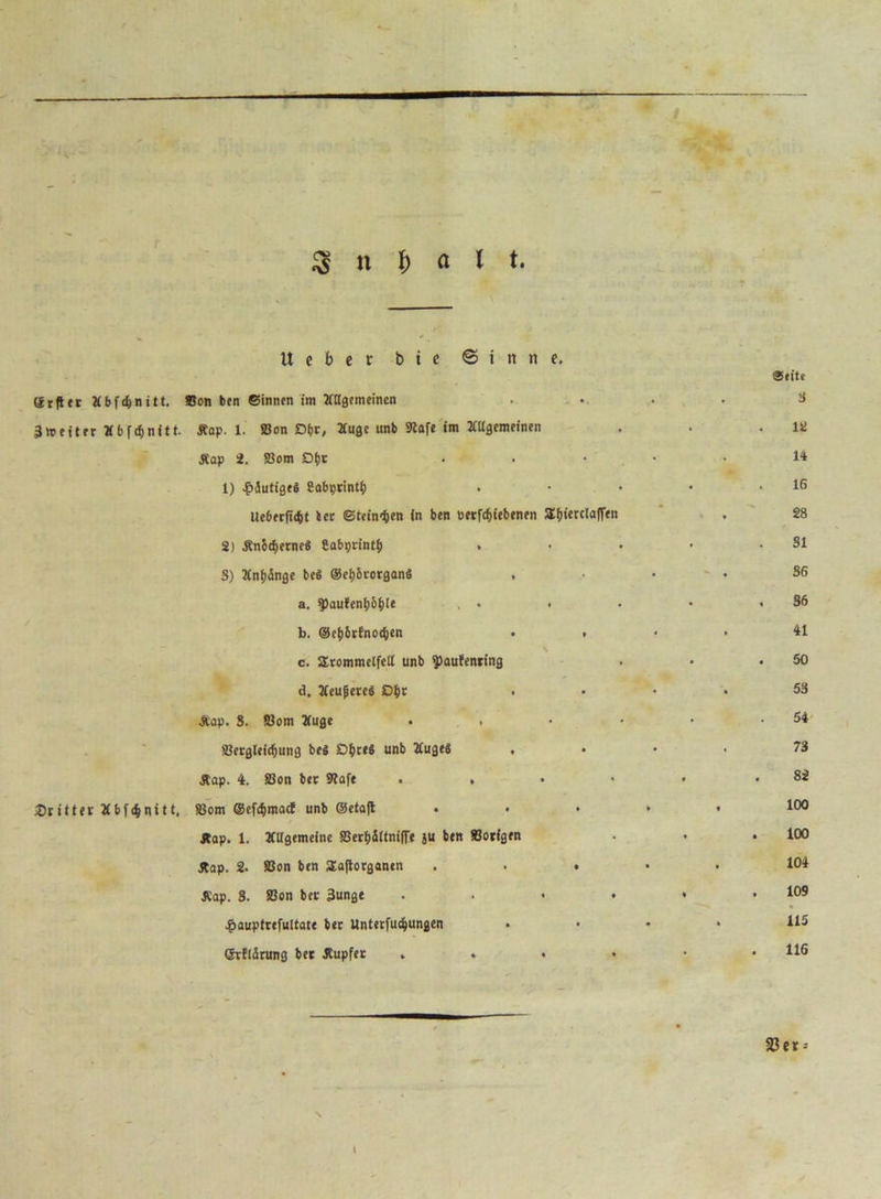 V- CSrftec Äbfdjnitt. 3»fiter Äfcfdfjnitt. ®ri11er Ä bf4ini11. S n b « t t. Ueber bte ©itine. Von ben Sinnen im ÄUgemetnen Kap. 1. Von Dt>r, Äuge unb 9tafe im ÄUgemeinen Kap 2. Vom Dpr 1) häutige« gabprintf) Ueb erftcf) t i ec Steinten in ben oerfcfjiebenen Thierclaffen 2) Knbcf)erneS Cabprintb 3) Änpänge beS ®el;6rorganS . a. *paufenf)6l)Ie , • • b. ©cbbrEnodjen . . \ c. Trommelfell unb ^aufenring d. Äeupered O&r Kap. S. Vom Äuge . , Vergleichung beS £>bte4 unb ÄugeS , • Kap. 4. Von bet Staff . . Vom @efc&macE unb ©etafl . • * Kap. 1. ÄUgemeine Vertjältniffe ju ben Vorigen Kap. 2. Von ben Tafiorganen . . . Kap. 3. Von ber 3unge .... £auptrefultate ber Unterfuchungen (SrElarung ber Kupfer .... I Seite 3 12 14 16 28 31 36 . 36 41 . 50 53 54 73 82 100 . 100 104 . 109 115 . 116 23 et--