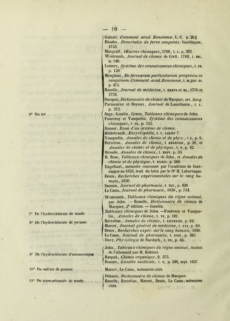 6® Du fer ( Galeati, Comment, acad. Bonomnœ, L. C. p. 20.| Rhades, Disscrtatio de ferro sanguinis. Gœttingue, 1753. Margraff, OEuvres chimiques, 1768, 1.1, p. 303. Westrumb, Journal de chimie de Crell, 1784, t. xii, p. 140. Lemery, Système des connaissances chimiques, t. ix, p. 128.* Menghini, De ferrearum particularum progressu in sanguinem. Comment. acad.Bonomnw, t. ii, par. ii, p. 475. Rouelle, Journal de médecine, t. xxxvi et xi, 1776 et 1778. Bucquet, Dictionnaire de chimie de IMacquer, art. Sang. 1 Parmentier et Deyeux, Journal de Lainétherie, t. i, p. 372. Sage, Gmelin, Green, Tableaux chimiques de John. 1 Fourcroy et Vauquelin, Système des connaissances 1 chimiques, t. ix, p. 152. Baumé, Essai d’un système de chimie. Hildebrandt, Encyclopédie, 1.1, cahier 7. Vauquelin, Annales de chimie et de phys., t. i, .p. 9. Berzelius, Annales de chimie, t ixxxviii, p. 26, et Annales de chimie et de physique, t. v, p. 42. Brande, Annales de chimie, t. xciv, p. 34. H. Rose, Tableaux chimiques de John, et Annales de chimie et de physique, t. xxxiv, p. 268. Engelhart, mémoire couronné par l’académie de Gœt- tingue en 1825, trad. du latin par le D® H. Labarraque. Denis, Recherches expérimentales sur le sang hu- main, J 830. Sanson, Jou rnal de pharmacie, t. xxi, p. 420. Le Canu, Journal de pharmacie, 1830, p. 734. 7 De l’hydrochlorate de soude /Westrumb, Tableaux chimiques du règne animal, par John. —Rouelle, Dictionnaire de chimie de Marquer, 2® édition. — Gmelin. Tableaux chimiques de John. —Fourcroy et Vauque- lin, Annales de chimie, t. vi, p. 181. 8 De rhj’drochlorate de potasse Berzelius, Annales de chimie, t. ixxxviii, p. 64. Marcet, Journal général de médecine, f. r.vi, p. 89. Denis, Recherches expér. sur le sang humain, 1830. Le Canu, Journal de pharmacie, t. xvii, p. 485. Davy, Physiologie de Burdach, t. \i, p. 85. y De l’hydrochlorate d’aminoiiiaqu^. . . John , Tableaux chimiques du règne animal, traduit 1 de l’allemand par M. Robinet. 1 Raspail, Chimie organique,^. 373. Bonnet, Gazette médicale, t. v, p. 596, sept. 1837. lü Du sulfate de potasse Marcet, Le Canu, mémoires cités Il® Du souscarbonate de soude [ Dehaen, Dictionnaire de chimie de Marquer. 'Rouelle, Berzelius, Marcet, Denis, Le Canu,mémoires ' cités.