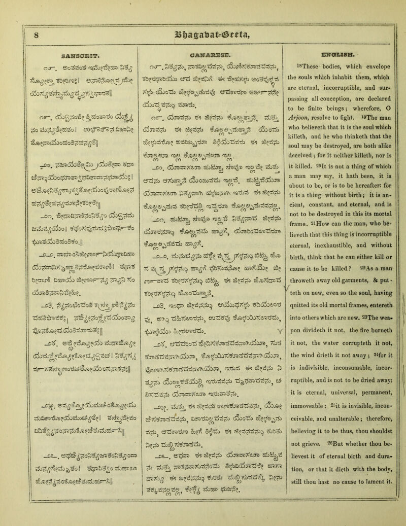 SANSCRIT. ©o3z5o3 rSi^0»TSj553 ^OP®® I ojori^^c^Ti)^-r^^^epi)-d^|| os—. o3oC^oz3^ erSsoaD-do <5!>Ja ^ £o z&^^So^o I eroqfSi3^ £>&(t£^ ^jc) oSoo [1 _Do. pZVO&^l'SoyG&'S^ z£^d$30S^^£#£>&3Z5z$$Jv6&° I © e§ j® ^ 5o^J°Zo^z6jlS^ a?-5qi _oo. zS^zsziJ^l^o^^o cxbg^zii axixSfidSoo | ^oTo'^'dori gijT^p— wo •^OD^O^OSSooS^O. || _D_D. ZTOKho^es^ZF^oSo^TSaSoZ) crfo£S3t£> A I SZpZ>3 &^UZ>f4 ScoZ>a3o ^«POTF-^ ^Z>££ WO _d3. ^^oejSoZfoS t^kjP'i.^'^o zSsoSTfrszStfg | p&£$$tii^zS6&>o&>fi ijfipaJ3 %zi JaJTi) 3 ? 11 _c^. es^ ^zlra^ak zbz&ZaJdfit okzi^z^^i/ss^S'^ I •rfr-X^Kh) fSatfc^U^Sk V *_o^. ©zS^^$ddDS&>e#-oi§ja$$o3o ^jSa>)TjJS®c3liziDi8^^^ I ^sh)j<3fzfo S^«S^ O^^fjB^^OZ&So (=-&[] _c£_. «s^eS-^o^^aiis^o^^oOT zio^K^zi) ( ^qjz>b3 £0 z&soz£>z> SeJ®^^oiJS5e#^o^5oF_?»|| CANARESE. OO, ?ja^^Si; ^3a<y z3z5£o? coOp^T^^^zSz^A ^■dc^soi^ c?z5 3?^Pa ^ tS»^a^o ©o^i)tf zS a^o oSooZi> 5o^«y^rkz^ eJzSsz-dpa ©ap’F-^? 0^03 Zl z3^0^ Z^75Z^3# nr a5je>zS^3 3§^k rSjseb^s^ ZjOS-^ o3:razi^i> ^ £a^^±) g&OV^l&SPBjS oSooZi) oo^zizSjZ)^ ©ziS&^zijZ) S^o&zfctab 32«^^oO =#JZk5; £UZ> rQ&) ^JS&> <tl \7tvjd nss; 00 CO CO ^ 00' _£o ojoreroA^JD Sco&Sot, efotip rz,v£? z3>& • c5 ^ co s d t?Z3;±> C^XoSTi 5 o3oo333z3zii ra^zS Sco&itSddoTS ^ —0C CO * dj oSjal^AiyjS ^^^TsJ\ 5ctfz>^vJ\ ng-dozi S2(JZJ^3 ^JS&IC^zkzS ^dZ^ rqZ^TjJZ) ^zizS^cy, DO# SaO&J^ cdz)^}t> rs,<yz3 $^^5®Z3 S^Z^di aSjsrd^J®} ^tozizk 5os^^, ojjsaoztezz^-djei ^jso <y^8z5z3o 5ox>^. _c_o. zdo^zd^o zd-^ zi^jA^o^ eS&bj zSjs To Z^TojX^i)} coZ^ Z^&Toozi^a? 5o®^oS^ 3^ P2r-3ZZ5 35^7^0} s3&^ =ds S^zS^b ooJSTocIZZ^ ■^■dX^b^ cojaozjos^^^ _d3. <ztoqjz> c3®zi^oo^ e?o5oo^A^o Bfed&eraTi ^ ©^ zdSordewd^, eroz&^j t?j3^c0joera-dz^? ■^jD^oix) So^zjfiurdzdo. Y _£>*. &?ZoZ^aoZ^ ^o£i7oB!Ja)rfZjz5z7C?\C>iiJe)? 7v3ZS ^jsrirlzS^idkj®, ^j3^oSo~:5!JZ)rfz3zi^z?\ai)jz)5 z^pB?\To:a!T5)'rfz5z5^3Z)?\c55D3Z); ^dozi ^ ^^■^3 oefT&izi^ ■rf^T^ZTDZSzi'^o^ 8^ ©ToZ^zi^i» o^JZ>^)A^jZ) <^'d3zn)'^^3> _D3f. zii^ 8j «zi^5 sFps^jDrfZozi^^ cSojs^ zi-Ti^jD8z3'zi^3? £>3Z)-da^z^zS^3 c&oz^3 zi^>3 esz^szi-df® oo°/^ S^Zj3 #2 ^°zi^zi^3^ tfoS^i £jo^3 z53^7o^JZ)rfzi). _c£_, 3s^zi^3 6$jszx)a&jd ScoKo^zi ^3 zdoa^ ^Dd73zzzA3z5^oz53 S^oScS^razS^ srzTCZ) CjZA3^ -d^ Sj^d^J^o3^ ^3d^3 Z^3i^^<\)3Z5Zd^^. ^)^^>3 ^^zS^azto 3 Z±)SZ) ENGLISH. l8These bodies, which envelope the souls which inhabit them, which are eternal, incorruptible, and sur- passing all conception, are declared to be finite beings; wherefore, O Arjoon, resolve to fight. J9The mao who believeth that it is the soul which killeth, and he who thinketh that the soul may be destroyed, are both alike deceived ; for it neither killeth, nor is it killed. 20lt is not a thing of which a man may say, it hath been, it is about to be, or is to be hereafter: for it is a thing without birth; it is an- cient, constant, and eternal, and is not to be destroyed in this its mortal frame. 21 How can the man, who be- lieveth that this thing is incorruptible eternal, inexhaustible, and without birth, think that he can either kill or cause it to be killed ? 22As a roan throweth away old garments, & pul • f teth on new, even so the soul, having quitted its old mortal frames, entereth into others which are new. 23The wea- pon divideth it not, the fire burneth it not, the water corrupteth it not, the wind drieth it not away ; 2hfor it is indivisible, inconsumable, incor- ruptible, and is not to be dried away: it is eternal, universal, permanent, immoveable : 2?it is invisible, incon- ceivable, and unalterable; therefore, believing it to be thus, thou shouldst not grieve. 26]3ut whether thou be- lievest it of eternal birth and dura- tion, or that it dieth with the body, still thou hast no cause to lament it.