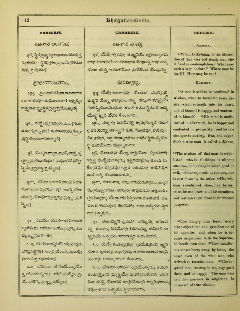 SANSCRIT. ea^F-^ LAj£T3aX <p I R) 3§z°vro Q ^e?pX5T3^53^)^. ^£. o3oejz>wi>z5j3g-73 tof-r~^r^>a^f~ I 5f£-. ^^grSi^ »ioS7\^^b^j5o° I Sf8. ^ y3D \ )t5^8iTO^j^O I ^Ep£oZ53£r>Q« i^7%^a«^St^>|| ^O—. 6&ZJZ KjOSod# SJDojo 0 &OF-?07\D Ji^fj-rfF-^g | oqo\^)o3js> S^oi^oirsipF-^ v*u cf~. SSaOjJS S^^F“of ^TOSoSTd To^t^So^g | ^jgiFvd^^tf jjrfdo tie>T3&pT^F~f?ll £-0, O^a^O^lTfo Zxoj^Mj^g I cp0^a3j3p4^z4js>i^ £^0§^?0#OZk^g|| £_0. STJ^ajOTF-^ NOQ&Tbfioih ^ eJoJ^zki^dg | ^^SoofofSjj^o^ d^jarl^ro^^s^^Sl^s^l CANARESE. esai°e~t\5 o3“c)S§, aftf. gSjQ? t?^z4^ £? Sd^COO £>g-£0^$wZi> es^^s 7oZSjc)^d3oo2:> roZSjSZpI)^ zlojpDZ^eS^ 8J0^ olijs) cqtiiSrfo^dJs) ^rf^ia>0J3 oSooqyszk^ ^XSzss^Xg. ^f^f. oSo€;; e£>2^F~^? c5jj3zda zk^S&^D sd^zd c^oftra &§7\$-$^ s3&^ 3?tyjzS &^&dSo rdoZo^-^Zic J*) gZ) joi A*)^ &o}i)a 65oi.^o r^T^sof.To 2A)& o3o:>^ ed|.p c&>£3 ^jsoaxitS^a, <? ^c_. zk»7v$ a^oSoTj^ rdosjA ^ ado^ozd^ e?i <perz3 z3js»5c4p, gJcSk^p, rae^Td^^s^^j?)^ ^-dau^aSoa Z$a£>o3ooZ5o Sf8. c£>j33t>3£d c&)e^zWSk5&ja cS^CoSriT^ ese^S ^■^o&zSa^^ ©oz^a^^ SojacSi 7do ejapzdzdja TS^sfcgp rserzS rspi^ja^ e?3£>X £rd sazd a>o£> ojoo o&ra Aoadzdp <? ^o-. ^rez^p-^j e5a5c55dzdoA^gi)^ ooa^X aSo^ja^ Z3tSj3« <yzSj«-d« e^g-oou&o {foc&ZTt^^ cSoe^^zScdSoS ojojs ^ja^zdoTdzS z>jp> zde;azd ^toa^ozS Sa^zdi^ est^ ax>& di» &-d zrs'A gi^^jZdo, sps-. ej^-da&zd sVd>£^ tirdsejzdo ■drdsazd L CO ^ CO o Zjj^ e?(3s7&$ £>z^q3oa$> SdoAPadSj^ c?z>oe&X &ra gdoio aw& o3co tj-ddoa^,^ tsbzk S-d/sZdo czp 9 -05^ s_o. o5oS>£ =5bo§^i^3^ ^tdoSo^aozd &ra£ o^jaTd ^j'djz^^ zdo^cd^^p^ ejzd-dja s^iy^azd rs,o^£i odooA^o 2i«P)3ti^-d£dozd ^Scdozd^), £_o, o^Js^gdo eJTd-S^p- oi^cdooA^^os &io!>OoJ tdtdaijai^^azd S^cSo^ zdo^rd^^^^jaiaoJ cgtibzd ^Je>5 zb^ O^TOdigdX cgo^CiSoOA^O rch>£<^^rt>7v> esad^d ao£»aiDo Rj-dsaAozdzdo. Q cp ENGLISH. Arjoon. 54\Vhat, O Krishna, is the distinc- tion of that wise and steady man who is fixed in contemplation ? What may such a sage declare ? Where may he dwell? How may he act ? Krishna. 55A man is said to be confirmed in wisdom, when he forsaketh every de- sire which entereth into his heart, and of himself is happy, and content- ed in himself. 56His mind is undis- turbed in adversity, he is happy and contented in prosperity, and he is a stranger to anxiety, fear, and anger. Such a wise man is called a Munee. 5?The wisdom of that man is estab- lished, who in al! things is without affection, and having received good or evil, neither rejoiceth at the one, nor is cast down by the other. 58His wis- dom is confirmed, when, like the tor- toise, he can draw in all his members, and restrain them from their wonted purposes. 59The hungry man loseth every other object but the gratification of his appetite, and when he is be- come acquainted with the Supreme, he loseth even that. 60The tumultu- ous senses hurry away, by force, the heart even of the wise man who striveth to restrain them. siThe in- spired man, trusting in me, may quell them and be happy. The man who hath his passions in subjection, is 1 possessed of true wisdom.