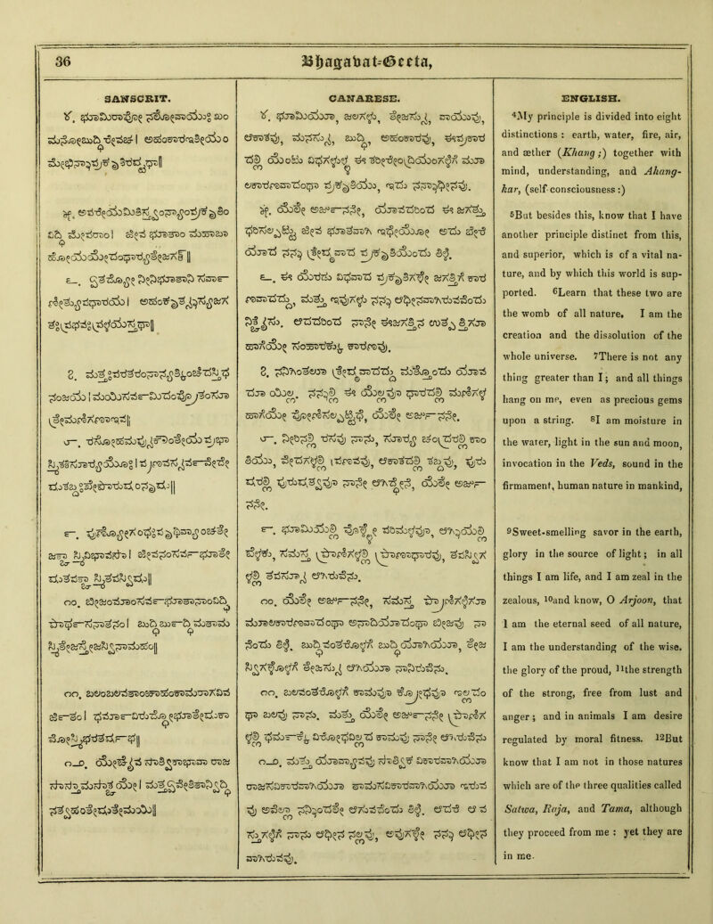 SANSCRIT. tdo^jseaxj&d^d^ I ©sdoB^rdraS^d&o a& dojdcroo I &§?d siresno 9 ,, sSjs^oiocaSoo'rfo^D'd^saiAi' j| £_. G^-&lS>fiZ £>°SgSjS3^ 7&TOS- p^X^ApwdcxSo I ©SoO^^^rOjJ&A 2. ^3sdd3do^£$%o3£zS&$ ^03Sd&> ! ^O^Jri^^-Dj'rfo'^Py^oTiJe) ^^p4Ap3X>^^|i or-, ■d?3jS5So^o^Ss5o^;6i)^)2fro ^§K)5e)-rfj5^0JSg I tdodao ° s3^£ri>dod!, 07^** j || CANARESE. 'f. £^Js)JX)oi0Je)? 3dOA.»fji S^Too^, STiO^OO^), do^r^, ax>£^, ©0cO5t>d^J5 d3 djiTSd tSD o3oo& a^A^o^ ds de^o^d&OA^ doJs> e^dp'ass'rfotjyo rsfcfc o3oc^ ©a^s-TSjS^ airadzfoozS ^3 ssX^, ^dro^B^ S2^ $Js)3at>X, f^(poo3oj3^ ©Zi> 2j°d aS^-rf 7^ ^^sra-rf dSooTk 8$. £_. d3 OX*d7i> StjteZS djZr^SA'^ afA^ 57>d PQOTTtfEi^ csfi£)X$> £7^ ©^T^xdod^oTS:» ^^Toj. eyo'rfeo'rf 73^5 d^Xe^s cro^^S^js ssnXcS^ Ixio^z'dvj.ty swdp©^). 2 T&’Xo^ews ifjsd saTSzfc ddioa otjo ojjz;X • vv © o -° T$s?> c£ov dd^e) ds c&xy^ra trad'd® dbpIXe/ co ^^co co^ ‘ oo » 5oaXc&>£ ^«plx^s^^ ©&?—7^. O . c^PDf5^) dr^^J qj *'po _ roJe)d«0 £crCl(dd8 5D0 ro “ ^ V_ co ScSSiOj iJfZSX^© \t!p3ti^j? ©’5DaZ5Sj d&^), v)do ^■d^ t£jdotdv3£^ eyxdr^ oSo^? ©a?— 7$?. ENGLISH. 4My principle is divided into eight distinctions : earth, water, fire, air, and aether (Khang;) together with mind, understanding, and Ahang- kar, (self consciousness:) 5Bnt besides this, know that I have another principle distinct from this, and superior, which is of a vital na- ture, and by which this world is sup- ported. ^Learn that these two are the womb of all nature, I am the creation and the dissolution of the whole universe. 7There is not any thing greater than I; and all things hang on me, even as precious gems upon a string. 81 am moisture in the water, light in the sun and moon, invocation in the Veds, sound in the firmament, human nature in mankind, ET-. OZ&^^tS08^ SJaS ?Jj£)ZFS7ii&Z I eS^^oOTW—^Je)^? Zy —0 || OOt ro^c £p)Je)i^^I>0»}£> T t>cdc f\JA)SJ^S CJ o-O'SJ*/oTO OO, 20&020&d^OS^5Q05t>cdoO<)X£>d <£—sol 7pd3reE—adorers 9 5js?5^£is^^f_^|| O-D. cSSot58^532ps=ro OS&! o^^o'i^^ll e-. #.ra£da5o© 5 dadcy1^ w^o^ol) S)^), t^ipIX^D ^OpS-SJ^S-d^j, ^XaKX ^cD sdoT?^ ©,?\db^^O, OO. ©a^r-^^^ rodoid, ^raj.olA^AJS sjbraeraDtJpsntjXioqp pro ^oZi> e^. 803&do^T?Je)^ 2JO&^aiJ^'7\6j0Je)? rJ^X^JS^ ^^33cgj^ ty'AOJOJS pjD^do^d0. OO. B>)do^)T> ^JeyoZj!^) rse;Z5o ^ soet^j s±>^3, c5So^io ©a^s-^5 ^topIa t^do—adjs^^Oe; rf 5t)do^; ©rAdo^^o , rdxSC,^ £>&ZTjZT)%63oje) UZ3dri^^ZXlzZ7\6SoJe> &ZZ&'TCiSS'SdOT'^OaOOra o&djd ^1 ©sSer^ 8^. ©Z^d C5 d To^x^ ?7ti^ ptfe, es^jA'f« CO 0_D 9Sweet-smelling savor in the earth, glory in the source of light; in all things I am life, and I am zeal in the zealous, i°and know, O Arjoon, that 1 am the eternal seed of all nature, I am the understanding of the wise, the glory of the proud, lithe strength of the strong, free from lust and anger ; and in animals I am desire regulated by moral fitness. l2But know that I am not in those natures which are of the three qualities called Salwa, Raja, and Tama, although they proceed from me : yet they are in me-