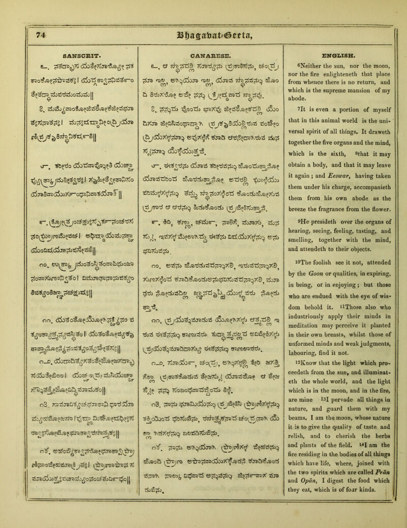 SANSCRIT. e_, O&fyPjdtfjdfiZ pi wo&Jd&ifrti&S 1 oliZo^s^^as-o o&>#3Tdo5ooo&<il}|| ^gTfcro^S 1 si>^grHTj^i5 ot£>ijcrfjs vj~, So^o o5os3ro_ 1 rt$So$g<$39$7So oSjv&ttofozTtF-opzSznioijdf || t E t ^JSj^JOS^^ogTo^r-^08^d7o ■jS o^jyps&^e^ 1 ©$^^d&«fc>7fcra. o3o o Ss^oS ja ^3t<^ ^tS© 11 O0( W^l^^OO^O^^O^'Lspboai'S ^OOTA0f3X>riC^0l dri^oSsw ^^3si®|| no. ojo^o^aa^dSoJS^^^o r> gBSSj^JS^^O-aJ^O^^S-^^rog || o_D. c^iorJsEi^X^o^^as^SiXcTDg) rvd3d^£)etO 1 oSd£ct 0|Z3) Zx)oJa5o83TO_ 7f3 JB^OZ^'rfjasiasfo 11 o3. 7w>7ij®a^jj^^3®sBS) ^trric&ra SjO.PSc^JSO&ciBl^T^ Sl^JB^^gro otf. 52^0^^^^T?J»«^JSST!^l^rsj pl£T)073e$oT$J3\§j^| [^VJPSlV^rsp 7vj tS^cSdoo^giis^tiTljjjo^oE^^oaE-^oll ’, CANARESE. s_, c? zb^z5oD (*$)W8Pp>, e^oi^rfj pje> rs^ esd^aSocre oSrerS cdro^fcS^^ Sojao & ei-doX-dra? ©zS^ <^zjXsi). 2, ^^x5j ^/soZi> eproXz^) a^zSc^ja^zSe) 6©0o £»aJ® sS^a&ziozprozR^A \t5jX ^SaSoSrb-rf t5o^*o \bjo&7<^p™^ ©^X$X Xjaa eJ-d^zjB^-dD^ To^^JS^ o3o^o3oo^ Z3, O—. &igtip> oSjz>^ 3e»-dzS^ sgjsozlis^^as? airazSzfoozS sfjs-drfos^j^ ©z*dg^ ^ob^o5oo KhvjSOA^OZS 7?Je)OZ&)CoJS^A-3.5 ttSjzred & &t3P>^ Soz£>&rao7&> (iSj^rfosa^, e-. ■3-S, XpSO , e^^bs- ^©7^ rf0J-?)A0 ZbX 7 £*3’ 7 7 * v ?fo^5 fscrfA^ zSo^eroxzk ^k^p> arioso©Xj ^STi/Z^, no, ©zS^b So-radzkzJZ^D^XS^ rqti/ZiZ^SD^XI^ XopsX^oZj XjS&TrJSozkS^Oc^SriiTjZjTSZ^XI^ zi>Ji> z£rij ^Je^z&zS&e^ air^rf^ix^c53oj$ zitfc ^js^ri> *SA oo, ^r$jai)^z5j3Z&>zJ gSojs^X^o ey^VrfeD pq •rioX, s^psoddo doj^^de^'rf ©£3°-o-X^:> ^■djoSo^^djsBroiXo^ dsd^^o^ SDpsfiro-dzfc. 0-0, rjJaJO^OS-5 2^0^Z3j? ©'A^A^ 3§0 3^77^ /foro \d;5sd#jsdod #i»a(7i)^ drfjBzSzSjae t? i^sa dogJO'rfs'SZj'^GZjO §^m 03. ToS^O $3e>&Oa3o^ \ tS^jypSX$fc} ^-ctoSoozS dado^do, dsh^jraxS e£o\z3|^BX oSo ero J\zi7\^p>^ so&idado^^o. otf% (djrojjrlX^ TS^Sod^So3 ttosod (dirojps ^^rD^^zicrfooA^Jsd^ dj®>a^jsod dTTs'h tzs&o^ az^TOZi aS'^E-ssad djs do^^o. ENGLISH. ^Neither the sun, nor the moon, nor the fire enlighteneth that place from whence there is no return, and which is the supreme mansion of my abode. 7It is even a portion of myself that in this animal world is the uni- versal spirit of all things. It draweth together the five organs and the mind, which is the sixth, sthat it may obtain a body, and that it may leave it again ; and Eeswar, having taken them under his charge, accompanieth them from his own abode as the breeze the fragrance from the flower. 9He presideth over the organs of hearing, seeing, feeling, tasting, and smelling, together with the mind, and attendeth to their objects. lOThe foolish see it not, attended by the Goon or qualities, in expiring, in being, or in enjoying ; but those who are endued with the eye of wis- dom behold it. HThose also who industriously apply their minds in meditation may perceive it planted in their own breasts, whilst those of unformed minds and weak judgments, labouring, find it not. i2Know that the light which pro- ceeded from the sun, and illuminat- eth the whole world, and the light which is in the moon, and in the fire, are mine l3I pervade all things in nature, and guard them with my beams. I am the moon, whose nature it is to give the quality of taste and relish, and to cherish the herbs and plants of the field. l4I am the fire residing in the bodies of all things which have life, where, joined with the two spirits which are called Prdn and Opan, I digest the food which they eat, which is of four kinds.