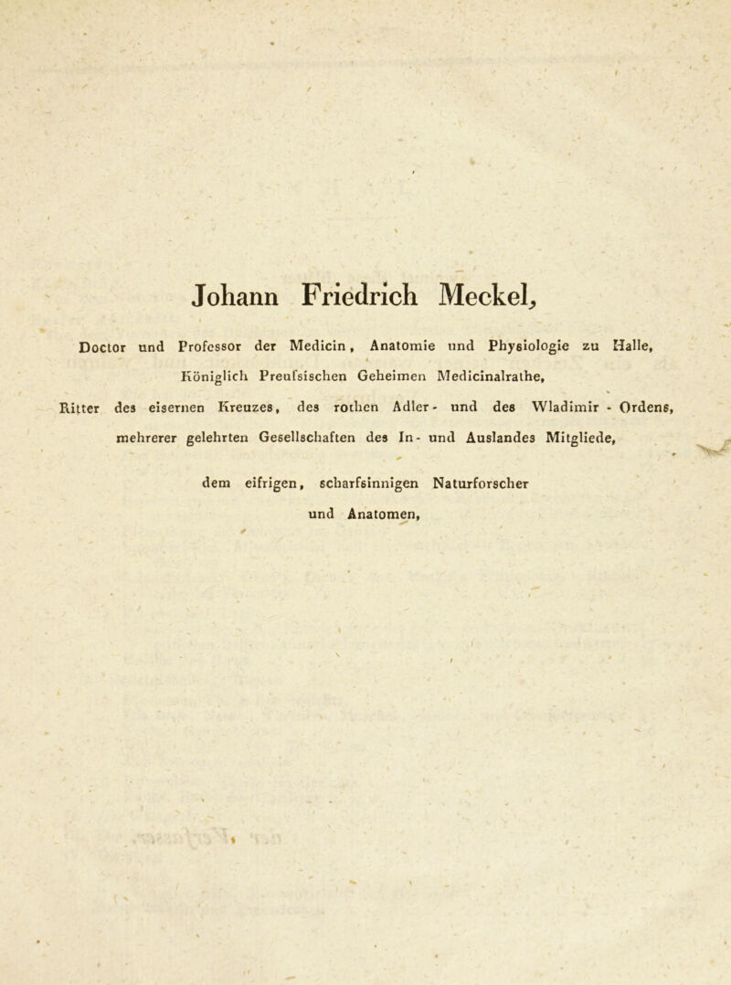I / Johann Friedrich Meckel, Doctor und Professor der Medicin, Anatomie und Physiologie zu Halle, * < L , * Königlich Preufsischen Geheimen Medicinalrathe, Ritter des eisernen Kreuzes, des rothen Adler- und des Wladimir - Ordens, mehrerer gelehrten Gesellschaften des In- und Auslandes Mitgliede, ; - dem eifrigen, scharfsinnigen Naturforscher und Anatomen, \