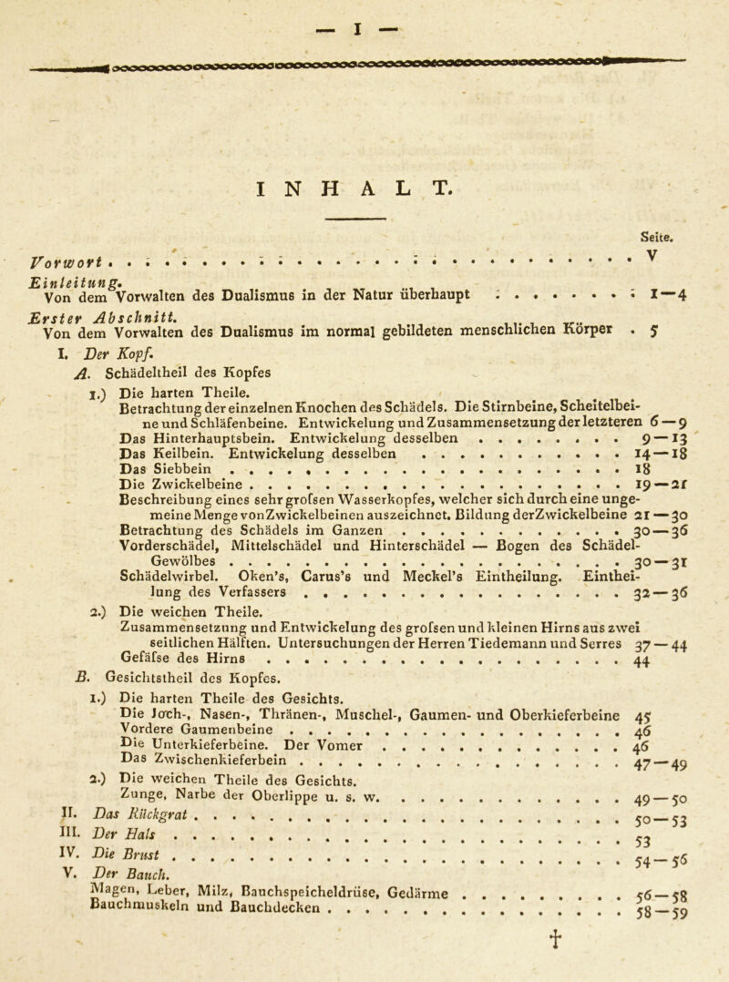 INHALT. Seite. * - ' V VoYWOYt . . . • • Einleitung. „ _ Von dem Vorwalten des Dualismus in der Natur überhaupt I—4 Erster Abschnitt. Von dem Vorwalten des Dualismus im normal gebildeten menschlichen Körper , 5 I. Der Kopf. A. Schädeltheil des Kopfes 1. ) Die harten Theile. Betrachtung der einzelnen Knochen des Schädels. Die Stirnbeine, Scheitelbei- ne und Schläfenbeine. Entwickelung und Zusammensetzung der letzteren 6 — 9 Das Hinterhauptsbein. Entwickelung desselben 9 —13 Das Keilbein. Entwickelung desselben . . 14 —18 Das Siebbein . . . . 18 Die Zwickelbeine 19 — 2f Beschreibung eines sehr grofsen Wasserkopfes, welcher sich durch eine unge- meine Menge vonZwickelbeinen auszeichnet. Bildung derZwickelbeine 21 — 30 Betrachtung des Schädels im Ganzen 30 — 36 Vorderschädel, Mittelschädel und Hinterschädel — Bogen des Schädel- Gewölbes 30 “31 Schädelwirbel. Oken’s, Carus’s und Meckel’s Eintheilung. Einthei- lung des Verfassers 32 — 36 2. ) Die weichen Theile. Zusammensetzung und Entwickelung des grofsen und kleinen Hirns aus zwei seitlichen Hälften. Untersuchungen der Herren Tiedemann und Serres 37 — 44 Gefäfse des Hirns 44 B. Gesichtstheil des Kopfes. 1. ) Die harten Theile des Gesichts. Die Joch-, Nasen-, Thränen-, Muschel-, Gaumen- und Oberkieferbeine 45 Vordere Gaumenbeine 46 Die Unterkieferbeine. Der Vomer 46 Das Zwischenkieferbein 47 — 49 2. ) Die weichen Theile des Gesichts. Zunge, Narbe der Oberlippe u. s. w 49 — 50 II. Das Rückgrat ^ III. Der Hals IV. Die Brust 56 V. Der Bauch. Magen, Leber, Milz, Bauchspeicheldrüse, Gedärme c6 *8 Bauchmuskeln und Bauchdecken 58 “59 ' - ■ f