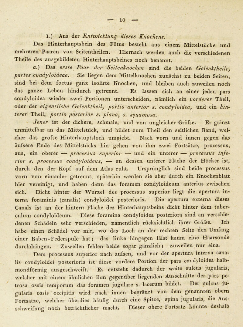 1.) Aus der Entwicklung dieses Knochens. Das Hinterhauptsbein des Fötus besteht aus einem Mittelstücke und mehreren Paaren von Seitentheilen. Hiernach werden auch die verschiedenen Theile des ausgebildeten Hinterhauptsbeines noch benannt. a.) Das erste Paar der Seitenknochen sind die beiden Gelenktheile, partes condyloideae. Sie liegen dem Mittelknochen zunächst zu beiden Seiten, sind bei dem foetus ganz isolirte Knochen, und bleiben auch zuweilen noch das ganze Leben hindurch getrennt. Es lassen sich an einer jeden pars condyloidea wieder zwei Portionen unterscheiden, nämlich ein vorderer Theil, oder der eigentliche Gelenktheil, portio anterior s. condyloidea, und ein hin- terer Theil, portio posterior s. plana, s. scjuamosa. Jener ist der dickere, schmale, und von ungleicher Gröfse. Er gränzt unmittelbar an das Mittelstück, und bildet zum Theil den seitlichen Rand, wel- cher das grofse Hinterhauptsloch umgiebt. Nach vorn und innen gegen das äufsere Ende des Mittelstücks hin gehen von ihm zwei Fortsätze, processus, aus, ein oberer — processus superior — und ein unterer — processus infe- rior s. processus condyloideus, — an dessen unterer Fläche der Höcker ist, durch den der Kopf auf dem Atlas ruht. Ursprünglich sind beide processus vorn von einander getrennt, späterhin werden sie aber durch ein Knochenblatt hier vereinigt, und haben dann das foramen condyloideum anterius zwischen sich. Dicht hinter der Wurzel des processus superior liegt die apertura in- terna foraminis (canalis) condyloidei posterioris. Die apertura externa dieses Canals ist an der hintern Fläche des Hinterhauptsbeins dicht hinter dem tuber- culum condyloideum. Diese foramina condyloidea posteriora sind an verschie- denen Schädeln sehr verschieden, namentlich rücksichtlich ihrer Gröfse. Ich habe einen Schädel vor mir, wo das Loch an der rechten Seite den Umfang einer Raben-Federspule hat; das linke hingegen läfst kaum eine Haarsonde durchdringen. Zuweilen fehlen beide sogar gänzlich ; zuweilen nur eins. Dem processus superior nach aufsen, und vor der apertura interna cana- lis condyloidei posterioris ist diese vordere Portion der pars condyloidea halb- mondförmig ausgeschweift. Es entsteht dadurch der weite sulcus jugularis, welcher mit einem ähnlichen ihm gegenüber liegenden Ausschnitte der pars pe- trosa ossis temporum das foramen jugulare s. lacerum bildet. Der sulcus ju- gularis ossis occipitis wird nach innen begränzt von dem genannten obern Fortsatze, welcher überdies häufig durch eine Spitze, spina jugularis, die Aus- schweifung noch beträchtlicher macht. Dieser obere Fortsatz könnte deshalb