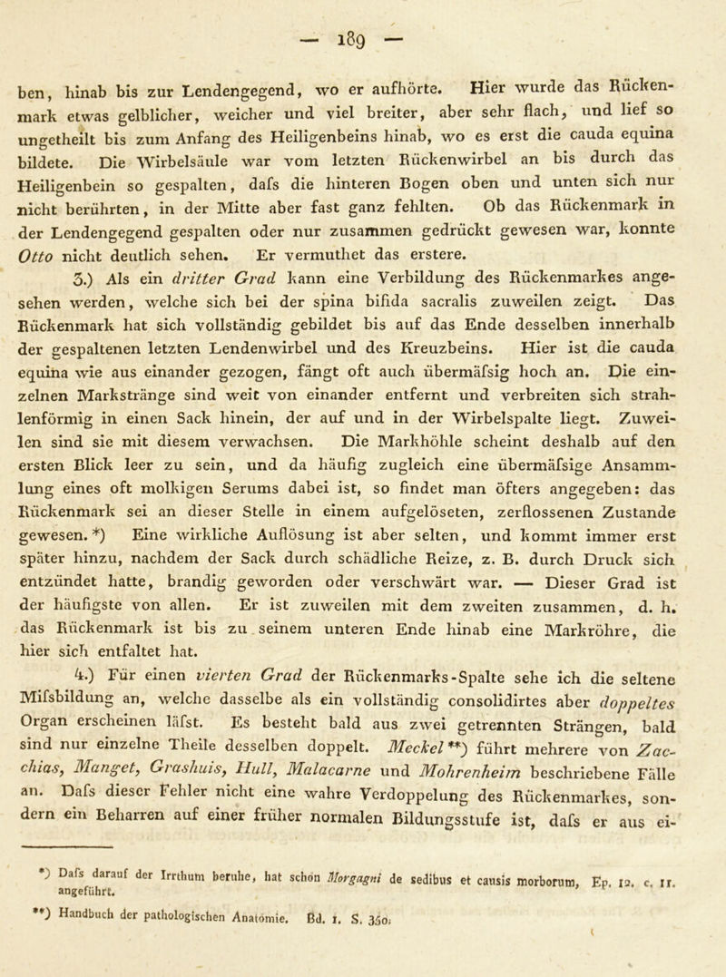 ben, hinab bis zur Lendengegend, wo er aufhörte. Hier wurde das Rücken- mark etwas gelblicher, weicher und viel breiter, aber sehr flach, und lief so ungetheilt bis zum Anfang des Heiligenbeins hinab, wo es erst die cauda equina bildete. Die Wirbelsäule war vom letzten Rückenwirbel an bis durch das Heiligenbein so gespalten, dafs die hinteren Bogen oben und unten sich nur nicht berührten, in der Mitte aber fast ganz fehlten. Ob das Rückenmark in der Lendengegend gespalten oder nur zusammen gedrückt gewesen war, konnte Otto nicht deutlich sehen. Er vermuthet das erstere. 3. ) Als ein dritter Grad kann eine Verbildung des Rückenmarkes ange- sehen werden, welche sich bei der spina bifida sacralis zuweilen zeigt. Das Rückenmark hat sich vollständig gebildet bis auf das Ende desselben innerhalb der gespaltenen letzten Lendenwirbel und des Kreuzbeins. Hier ist die cauda equina wie aus einander gezogen, fängt oft auch übermäfsig hoch an. Die ein- zelnen Markstränge sind weit von einander entfernt und verbreiten sich strah- lenförmig in einen Sack hinein, der auf und in der Wirbelspalte liegt. Zuwei- len sind sie mit diesem verwachsen. Die Markhöhle scheint deshalb auf den ersten Blick leer zu sein, und da häufig zugleich eine übermäfsige Ansamm- lung eines oft molkigen Serums dabei ist, so findet man öfters angegeben: das Rückenmark sei an dieser Stelle in einem aufgelöseten, zerflossenen Zustande gewesen.* *) Eine wirkliche Auflösung ist aber selten, und kommt immer erst spater hinzu, nachdem der Sack durch schädliche Reize, z. B. durch Druck sich entzündet hatte, brandig geworden oder verschwärt war. — Dieser Grad ist der häufigste von allen. Er ist zuweilen mit dem zweiten zusammen, d. h. das Rückenmark ist bis zu seinem unteren Ende hinab eine Markröhre, die hier sich entfaltet hat. 4. ) Für einen vierten Grad der Rückenmarks-Spalte sehe ich die seltene Mifsbildung an, welche dasselbe als ein vollständig consolidirtes aber doppeltes Organ erscheinen kifst. Es besteht bald aus zwei getrennten Strängen, bald sind nur einzelne Theile desselben doppelt. Meckel **) führt mehrere von Zac- chias, Mangety Grasliuis9 Uully Malacarne und Mohrenheim beschriebene Fälle an. Dafs dieser Fehler nicht eine wahre Verdoppelung des Rückenmarkes, son- dern ein Beharren auf einer früher normalen Bildungsstufe ist, dafs er aus ei- *) Dafs darauf der Irrthum beruhe, hat schon Morgagni de sedibus et cansis morborum, Ep, 12. c. ir. angeführt. *0 Handbuch der pathologischen Anatomie. ßd. i. S. 35o;
