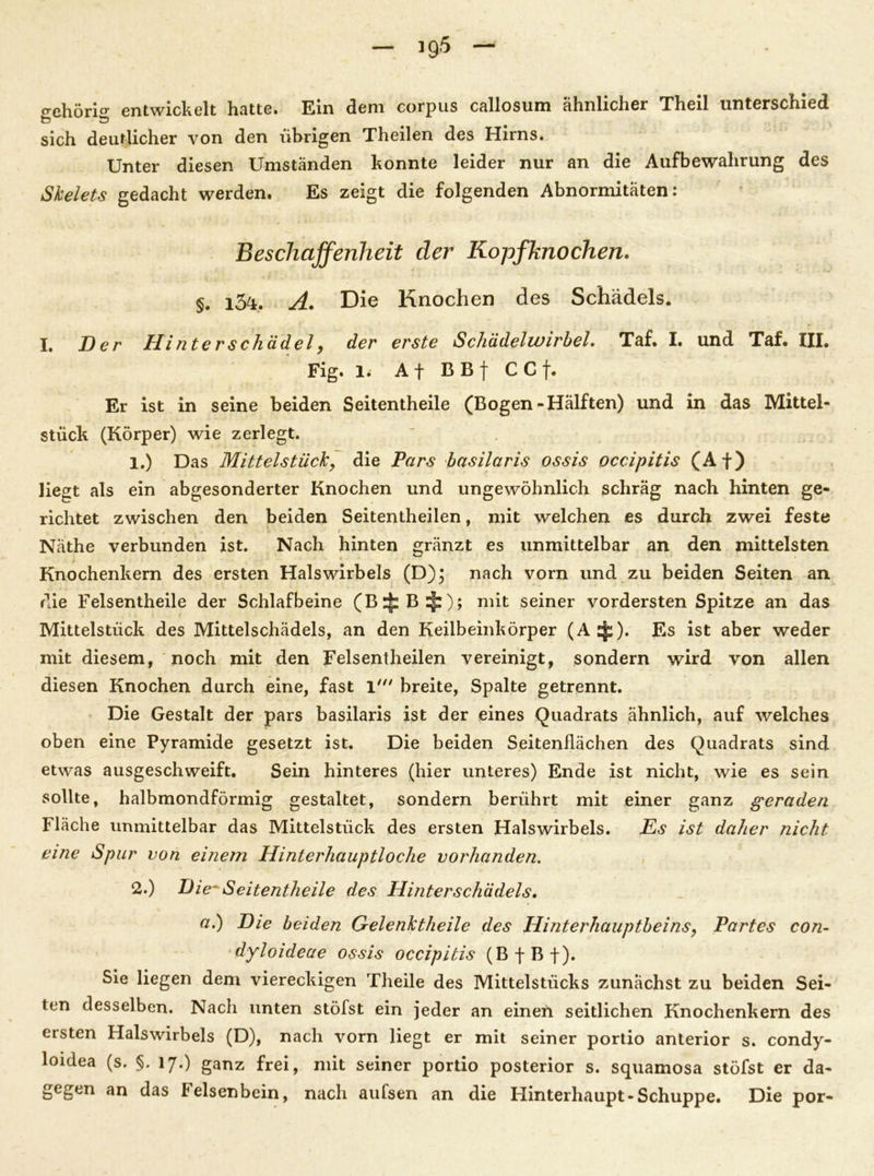 gehörig entwickelt hatte. Ein dem corpus callosum ähnlicher Theil unterschied sich deutlicher von den übrigen Theilen des Hirns. Unter diesen Umständen konnte leider nur an die Aufbewahrung des Skelets gedacht werden. Es zeigt die folgenden Abnormitäten: Beschaffenheit der Kopfknochen. §. l34. A. Die Knochen des Schädels. I. Der Hinterschädel, der erste Schädelwirbel. Taf. I. und Taf. III. Fig. 1. Af BBf CCf. Er ist in seine beiden Seitentheile (Bogen-Hälften) und in das Mittel- stück (Körper) wie zerlegt. 1. ) Das Mittel stück, die Pars basilaris ossis occipitis (Af) liegt als ein abgesonderter Knochen und ungewöhnlich schräg nach hinten ge- richtet zwischen den beiden Seitentheilen, mit welchen es durch zwei feste Näthe verbunden ist. Nach hinten gränzt es unmittelbar an den mittelsten Knochenkern des ersten Halswirbels (D); nach vorn und zu beiden Seiten an die Felsentheile der Schlafbeine mit seiner vordersten Spitze an das Mittelstück des Mittelschädels, an den Keilbeinkörper (A^jp). Es ist aber weder mit diesem, noch mit den Felsentheilen vereinigt, sondern wird von allen diesen Knochen durch eine, fast l' breite, Spalte getrennt. Die Gestalt der pars basilaris ist der eines Quadrats ähnlich, auf welches oben eine Pyramide gesetzt ist. Die beiden Seitenflächen des Quadrats sind etwas ausgeschweift. Sein hinteres (hier unteres) Ende ist nicht, wie es sein sollte, halbmondförmig gestaltet, sondern berührt mit einer ganz geraden Fläche unmittelbar das Mittelstück des ersten Halswirbels. Es ist daher nicht eine Spur von einem Hinterhauptloche vorhanden. 2. ) Die' Seitentheile des Hinterschädels. a.) Die beiden Gelenktheile des Hinterhauptbeins, Partes con- dyloideae ossis occipitis (Bf Bf). Sie liegen dem viereckigen Theile des Mittelstücks zunächst zu beiden Sei- ten desselben. Nach unten stöfst ein jeder an einen seitlichen Knochenkern des ersten Halswirbels (D), nach vorn liegt er mit seiner portio anterior s. condy- loidea (s. §. 17.) ganz frei, mit seiner portio posterior s. squamosa stöfst er da- gegen an das Felsenbein, nach aufsen an die Hinterhaupt-Schuppe. Die por-