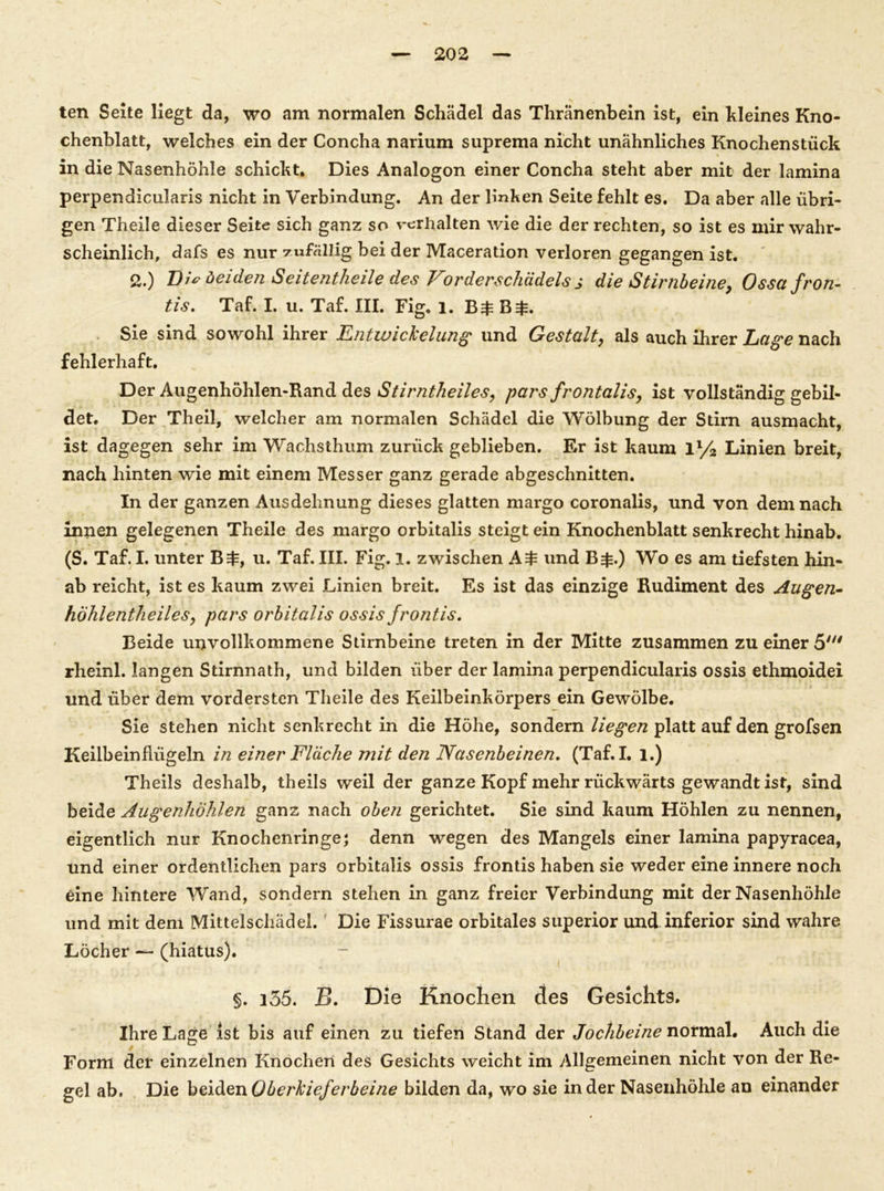 ten Seite liegt da, wo am normalen Schädel das Thränenbein ist, ein kleines Kno- chenblatt, welches ein der Concha narium suprema nicht unähnliches Knochenstück in die Nasenhöhle schickt. Dies Analogon einer Concha steht aber mit der lamina perpendicularis nicht in Verbindung. An der linken Seite fehlt es. Da aber alle übri- gen Theile dieser Seite sich ganz so verhalten wie die der rechten, so ist es mir wahr- scheinlich, dafs es nur zufällig bei der Maceration verloren gegangen ist. 2.) D/V beiden Seitentheile des Vorderschädels j die Stirnbeine, Ossafron- tis. Taf. I. u. Taf. III. Fig. l. B£ B$. Sie sind sowohl ihrer Entwickelung und Gestalt, als auch ihrer Lage nach fehlerhaft. Der Augenhöhlen-Rand des Stirntlieiles, pars frontalis, ist vollständig gebil- dete Der Theil, welcher am normalen Schädel die Wölbung der Stirn ausmacht, ist dagegen sehr im Wachsthum zurück geblieben. Er ist kaum ll/2 Linien breit, nach hinten wie mit einem Messer ganz gerade abgeschnitten. In der ganzen Ausdehnung dieses glatten margo coronalis, und von demnach innen gelegenen Theile des margo orbitalis steigt ein Knochenblatt senkrecht hinab. (S. Taf. I. unter B$, u. Taf. III. Fig. 1. zwischen A$ und B£.) Wo es am tiefsten hin- ab reicht, ist es kaum zwei Linien breit. Es ist das einzige Rudiment des Augen- höhlentheiles, pars orbitalis ossis frontis. Beide unvollkommene Stirnbeine treten in der Mitte zusammen zu einer 5' rheinl. langen Stirnnath, und bilden über der lamina perpendicularis ossis ethmoidei und über dem vordersten Theile des Keilbeinkörpers ein Gewölbe. Sie stehen nicht senkrecht in die Höhe, sondern liegen platt auf den grofsen Keilbein Hügeln in einer Fläche mit den Nasenbeinen. (Taf.I. 1.) Theils deshalb, theils weil der ganze Kopf mehr rückwärts gewandt ist, sind beide Augenhöhlen ganz nach oben gerichtet. Sie sind kaum Höhlen zu nennen, eigentlich nur Knochenringe; denn wegen des Mangels einer lamina papyracea, und einer ordentlichen pars orbitalis ossis frontis haben sie weder eine innere noch eine hintere Wand, sondern stehen in ganz freier Verbindung mit der Nasenhöhle und mit dem Mittelschädel. ' Die Fissurae orbitales superior und inferior sind wahre Löcher — (hiatus). §. i35. B. Die Knochen des Gesichts. Ihre Lage ist bis auf einen zu tiefen Stand der Jochbeine normal. Auch die Form der einzelnen Knochen des Gesichts weicht im Allgemeinen nicht von der Re- gel ab. Die beiden Oberkieferbeine bilden da, wo sie in der Nasenhöhle an einander