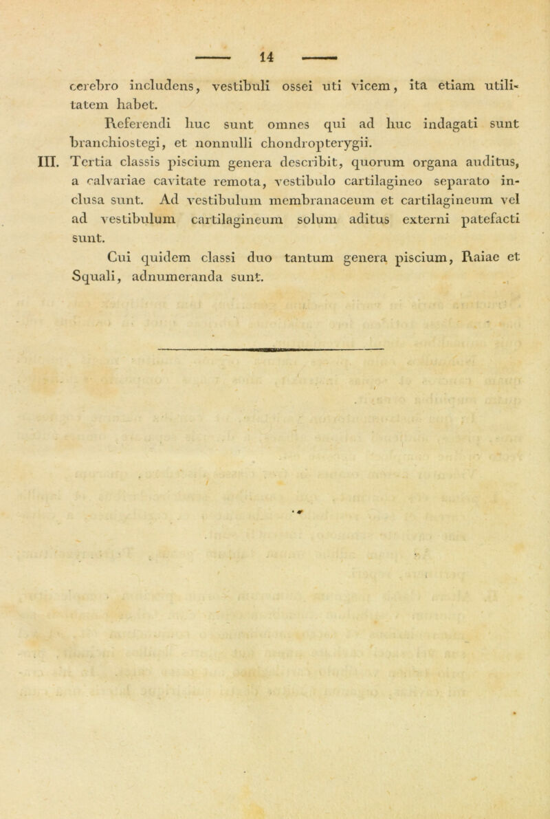 cerebro includens, vestibuli ossei uti vicem, ita etiam utili* tatem habet. Referendi liuc sunt omnes qui ad huc indagati sunt bran chios tegi, et nonnulli chondropterygii. IIT. Tertia classis piscium genera describit, quorum organa auditus, a calvariae cavitate remota, vestibulo cartilagineo separato in- clusa sunt. Ad vestibulum membranaceum et cartilagineum vel ad vestibulum cartilagineum solum aditus externi patefacti sunt. Cui quidem classi duo tantum genera piscium, Raiae et Squali, adnumeranda sunt.