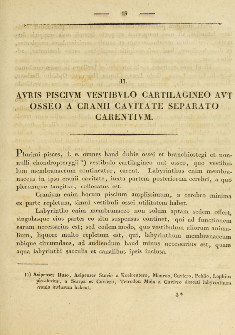 AVRIS PISCIVM YESTIBVLO CARTILAGINEO AVT OSSEO A CRANII CAVITATE SEPARATO CARENTIYM. Jtiurimi pisces, i. e. omnes haud dubie ossei et branchiostegi et non- nulli chondropterygii ”) vestibulo cartilagineo aut osseo, quo vestibu- lum membranaceum contineatur, carent. Labyrinthus enim membra- naceus in ipsa cranii cavitate, iuxta partem posteriorem cerebri, a quo plerumque tangitur, collocatus est. Cranium enim horum piscium amplissimum, a cerebro minima ex parte repletum, simul vestibuli ossei utilitatem habet. Labyrintho enim membranaceo non solum aptam sedem offert, singulasque eius partes eo situ suspensas continet, qui ad functionem earum necessarius est; sed eodem modo, quo vestibulum aliorum anima- lium, liquore multo repletum est, qui, labyrinthum membranaceum ubique circumdans, ad audiendum haud minus necessarius est, quam aqua labyrinthi sacculis et canalibus ipsis inclusa. 11) Acipenser IIuso, Acipenser Sturio a Koelreutero, Monroo, Cuviero, Polilio, Lophius piscatorius, a Scarpa et Cuviero, Tetrodon Mola a Cuvicro dissecti labyrinthum cranio inclusum habent. 3 *