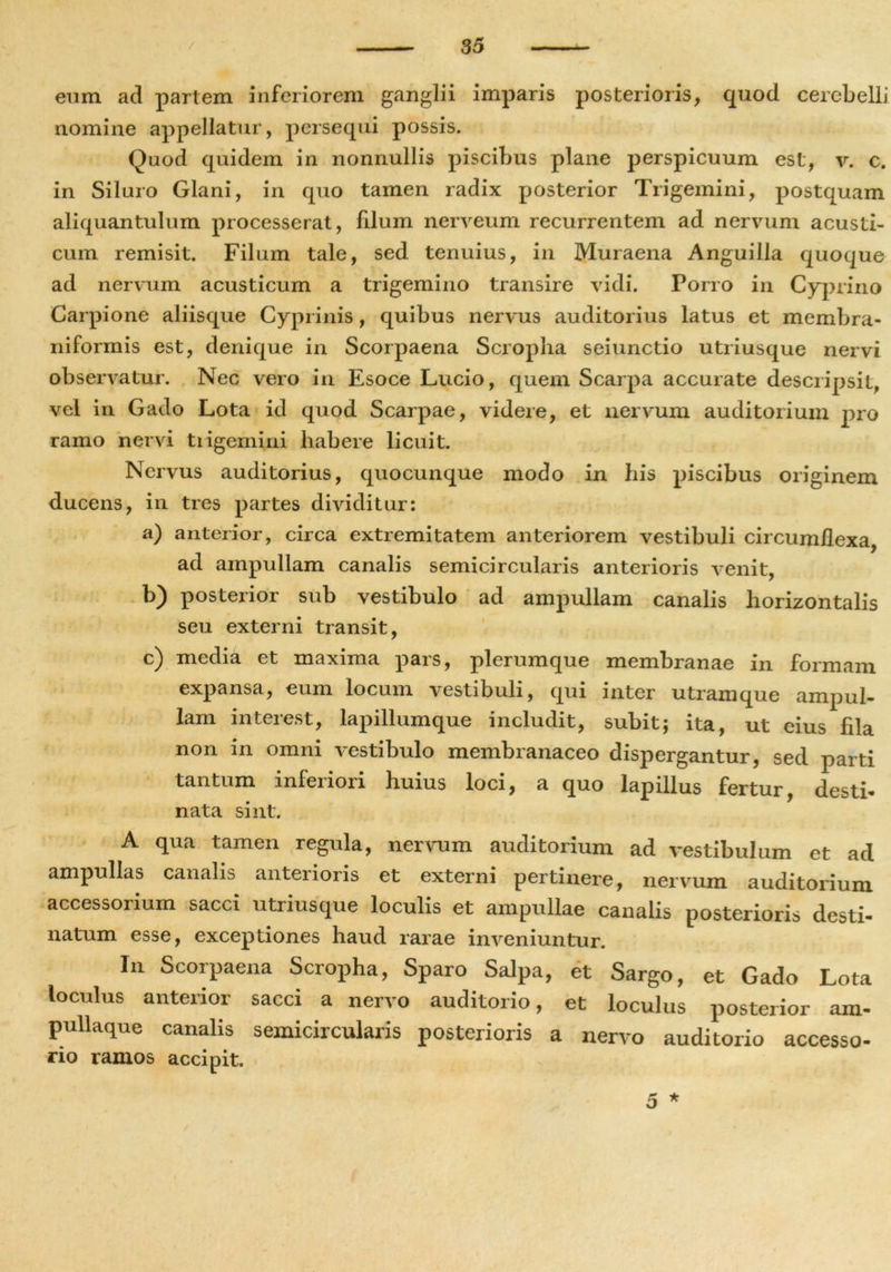 eum ad partem inferiorem ganglii imparis posterioris, quod cerebelli nomine appellatur, persequi possis. Quod quidem in nonnullis piscibus plane perspicuum est, v. c. in Siluro Glani, in quo tamen radix posterior Trigemini, postquam aliquantulum processerat, filum nerveum recurrentem ad nervum acusti- cum remisit. Filum tale, sed tenuius, in Muraena Anguilla quoque ad nervum acusticum a trigemino transire vidi. Porro in Cyprino Carpione aliisque Cyprinis, quibus nervus auditorius latus et membra- niformis est, denique in Scorpaena Scropha seiunctio utriusque nervi observatur. Nec vero in Esoce Lucio, quem Scarpa accurate descripsit, vel in Gado Lota id quod Scarpae, videre, et nervum auditorium jmo ramo nervi trigemini habere licuit. Nervus auditorius, quocunque modo in his piscibus originem ducens, in tres partes dividitur: a) anterior, circa extremitatem anteriorem vestibuli circumflexa, ad ampullam canalis semicircularis anterioris venit, b) posterior sub vestibulo ad ampullam canalis horizontalis seu externi transit, c) media et maxima pars, plerumque membranae in formam expansa, eum locum vestibuli, qui inter utramque ampul- lam interest, lapillumque includit, subit; ita, ut eius fila non in omni vestibulo membranaceo dispergantur, sed parti tantum inferiori huius loci, a quo lapillus fertur, desth nata sint. A qua tamen regula, nervum auditorium ad vestibulum et ad ampullas canalis anterioris et externi pertinere, nervum auditorium accessorium sacci utriusque loculis et ampullae canalis posterioris desti- natum esse, exceptiones haud rarae inveniuntur. In Scorpaena Scropha, Sparo Salpa, et Sargo, et Gado Lota loculus anterior sacci a nervo auditorio, et loculus posterior am- pullaque canalis semicircularis posterioris a nervo auditorio accesso- rio ramos accipit. 5 *