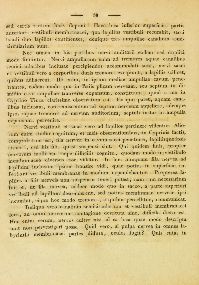 sed certis tantum locis deponi. Haec loca inferior superficies partis anterioris vestibuli membranacei, qua lapillus vestibuli recumbit, sacci loculi duo lapillos continentes, denique tres ampullae canalium semi- circularium sunt. Nec tamen in his partibus nervi auditorii eodem sed duplici modo finiuntur. Nervi ampullarum enim ad tremores aquae canalibus semicircularibus inclusae percipiendos accommodati sunt, nervi sacci et vestibuli vero a corporibus duris tremores excipiunt, a lapillis scilicet, quibus adhaerent. Illi enim, in ipsum mediae ampullae cavum pene- trantes, eodem modo quo in Raiis plicam nerveam, seu septum in di- midio cavo ampullae tranverse expansum, constituunt, quod a me in Cyprino Tinca clarissime observatum est. Ex quo patet, aquam cana- libus inclusam, contremiscentem ad septum nerveum appellere, adeoque ipsos aquae tremores ad nervum auditorium, septuli instar in ampulla expansum, pervenire. Nervi vestibuli et sacci vero ad lapillos pertinere videntur. Alio- rum enim studio cognitum, et meis observationibus, in Cyprinis factis, comprobatum est, fila nervea in cavum sacci penetrare, lapillisque ipsis annecti, qui his filis quasi suspensi sint. Qui quidem finis, propter nervorum mollitiem saepe difficilis cognitu, quodam modo in vestibulo membranaceo diversus esse videtur. In hoc nunquam fila nervea ad lapillum inclusum ipsum transire vidi, quae potius in superficie in- feriori vestibuli membranae in modum expandebantur. Propterea la- pillus a filis nerveis non suspensus teneri potest, nam tum necessarium fuisset, ut fila nervea, eodem modo quo in sacco, a parte superiori vestibuli ad lapillum descenderent, sed potius membranae nerveae ipsi incumbit, eique hoc modo tremores, a quibus percellitur, communicat. Reliqua vero canalium semicircularium et vestibuli membranacei loca, an omni nervorum contagione destituta sint, difficile dictu est. Hoc enim verum, nervos cultro nisi ad ea loca quae modo descripta sunt non pervestigari posse. Quid vero, si pulpa nervea in omnes la- byrinthi membranacei partes kdiffusa, oculos fugit? Quis enim in