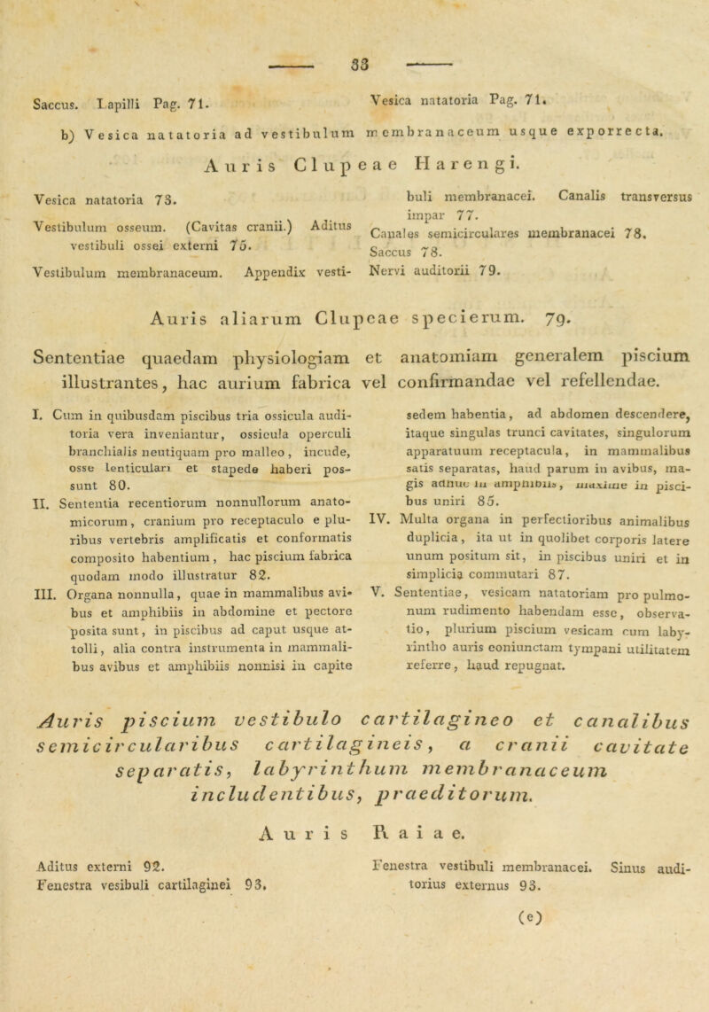 Saccus. Lapilli Pag. 71. b) Vesica natatoria ad vestibulum Auris C1 u p Vesica natatoria 73. Vestibulum osseum. (Cavitas cranii.) Aditus vestibuli ossei externi 75. Vestibulum membranaceum. Appendix vesti- Vesica natatoria Pag. 71. membranaceum usque exporrccta. 3 a e II a r e n g i. buli membranacei. Canalis transversus impar 77. Canales semicirculares membranacei 78. Saccus 78. i' Nervi auditorii 79. Auris aliarum Clupeae speci erum. 79« Sententiae quaedam physiologiam et anatomiam generalem piscium illustrantes, hac aurium fabrica vel confirmandae vel refellendae. I. Cum in quibusdam piscibus tria ossicula audi- toria vera inveniantur, ossicula operculi branchialis neutiquam pro malleo , incude, osso Lenticulari et stapede haberi pos- sunt 80. II. Sententia recentiorum nonnullorum anato- micorum , cranium pro receptaculo e plu- ribus vertebris amplificatis et coniormatis composito habentium , hac piscium fabrica quodam modo illustratur 82. III. Organa nonnulla, quae in mammalibus avi» bus et amphibiis in abdomine et pectore posita sunt, in piscibus ad caput usque at- tolli, alia contra instrumenta in mammali- bus avibus et amphibiis nonnisi in capite sedem habentia , ad abdomen descendere, itaque singulas trunci cavitates, singulorum apparatuum receptacula, in mammalibus satis separatas, haud parum in avibus, ma- gis aetnue iu ampinon*, uiaxime in pisci- bus uniri 85. IV. Multa organa in perfectioribus animalibus duplicia , ita ut in quolibet corporis latere unum positum sit, in piscibus uniri et in simplicia commutari 87. V. Sententiae, vesicam natatoriam pro pulmo- num rudimento habendam esse, observa- tio, plurium piscium vesicam cum laby- rintho auris eoniunctam tympani utilitatem referre ? liaud repugnat. Auris piscium vestibulo cartilagineo et c analibus semicircularibus cartilagineis, a cranii cavitate Sev aratis, labyrinthum membranaceum includentibus, praeditorum. A uris R a i a e. Aditus externi 92. Fenestra vestibuli membranacei. Sinus audi- Fenestra vesibuli cartilaginei 93, torius externus 93. (e)