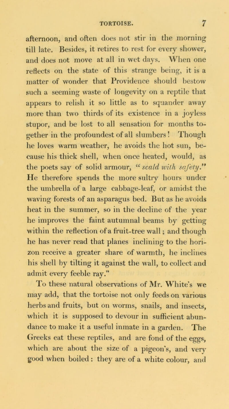 afternoon, and often does not stir in the morning till late. Besides, it retires to rest for every shower, and does not move at all in wet days. When one reflects on the state of this strange being, it is a matter of wonder that Providence should bestow such a seeming waste of longevity on a reptile that appears to relish it so little as to squander away more than two thirds of its existence in a joyless stupor, and be lost to all sensation for months to- gether in the profoundest of all slumbers! Though he loves warm weather, he avoids the hot sun, be- cause his thick shell, when once heated, would, as the poets say of solid armour, cc scald with safety ” He therefore spends the more sultry hours under the umbrella of a large cabbage-leaf, or amidst the waving forests of an asparagus bed. But as he avoids heat in the summer, so in the decline of the year he improves the faint autumnal beams by getting within the reflection of a fruit-tree wall; and though he has never read that planes inclining to the hori- zon receive a greater share of warmth, he inclines his shell by tilting it against the wall, to collect and admit every feeble ray.” To these natural observations of Mr. White’s we may add, that the tortoise not only feeds on various herbs and fruits, but on worms, snails, and insects, which it is supposed to devour in sufficient abun- dance to make it a useful inmate in a garden. The Greeks eat these reptiles, and are fond of the eggs, which are about the size of a pigeon’s, and very good when boiled : they are of a white colour, and