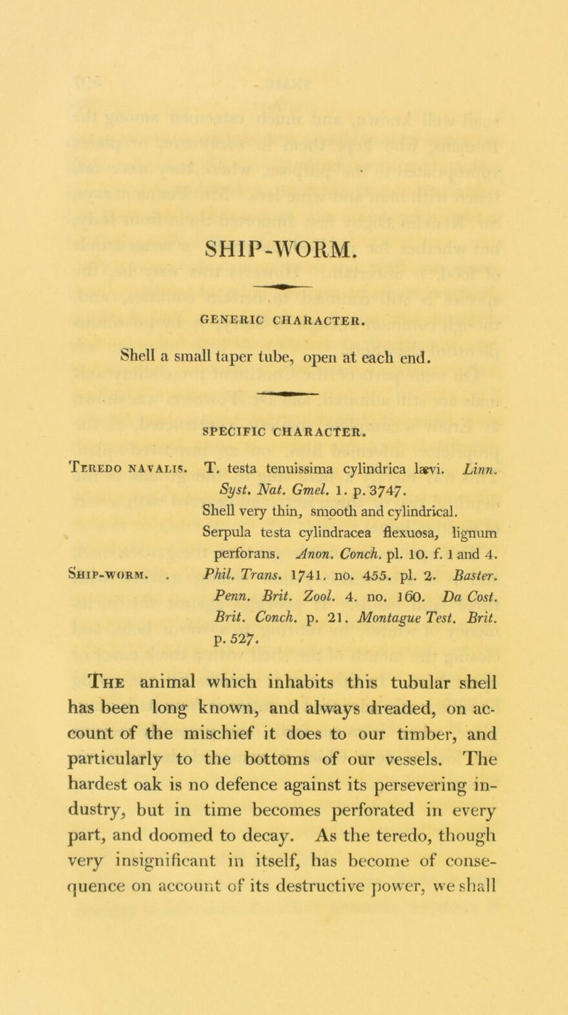 SHIP-WORM. GENERIC CHARACTER. Shell a small taper tube, open at each end. SPECIFIC CHARACTER. Teredo navalis. T. testa tenuissima cylindrica lsvi. Linn. Syst. Nat. Gmel. 1. p. 3747. Shell very thin, smooth and cylindrical. Serpula testa cylindracea flexuosa, lignum perforans. Anon. Conch, pi. 10. f. 1 and 4. Ship-worm. . Phil. Trans. 1741. no. 455. pi. 2. Baster. Penn. Brit. Zool. 4. no. 1(50. Da Cost. Brit. Conch, p. 21. Montague Test. Brit. p. 527. The animal which inhabits this tubular shell has been long known, and always dreaded, on ac- count of the mischief it does to our timber, and particularly to the bottoms of our vessels. The hardest oak is no defence against its persevering in- dustry, but in time becomes perforated in every part, and doomed to decay. As the teredo, though very insignificant in itself, has become of conse- quence on account of its destructive power, we shall