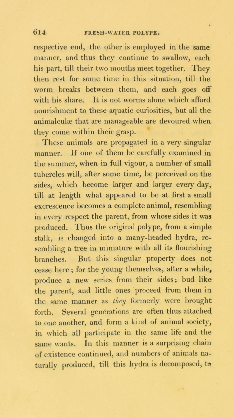 respective end, the other is employed in the same manner, and thus they continue to swallow, each his part, till their two mouths meet together. They then rest for some time in this situation, till the worm breaks between them, and each goes off with his share. It is not worms alone which afford nourishment to these aquatic curiosities, but all the animalculae that are manageable are devoured when they come within their grasp. These animals are propagated in a very singular manner. If one of them be carefully examined in the summer, when in full vigour, a number of small tubercles will, after some time, be perceived on the sides, which become larger and larger every day, till at length what appeared to be at first a small excrescence becomes a complete animal, resembling in every respect the parent, from whose sides it was produced. Thus the original polype, from a simple stalk, is changed into a many-headed hydra, re- sembling a tree in miniature with all its flourishing branches. But this singular property does not cease here; for the young themselves, after a while, produce a new' series from their sides; bud like the parent, and little ones proceed from them in the same manner as they formerly were brought forth. Several generations are often thus attached to one another, and form a kind of animal society, in which all participate in the same life and the same wants. In this manner is a surprising chain of existence continued, and numbers of animals na- turally produced, till this hydra is decomposed, to