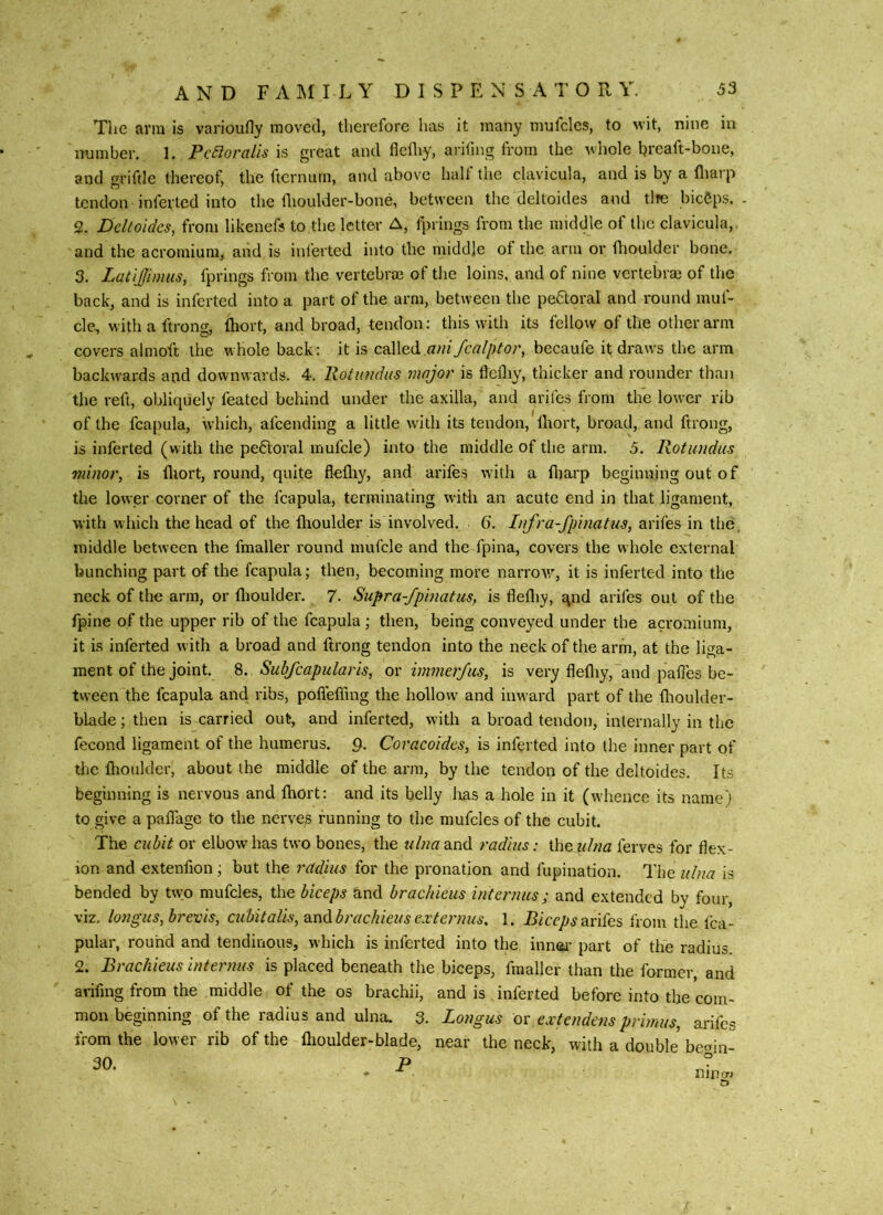 The arm is varioufly moved, therefore has it many mufcles, to wit, nine in number, 1. Pc£loralis is great and flefliy, arifing from the whole breaft-bone, and griftle thereof, the fternurn, and above half the clavicula, and is by a fliarp tendon inferted into the tlioulder-bone, between the deltoides and tire bicCps. 2. Deltoides, from likenefs to the letter A, fprings from the middle of tlie clavicula,. and the acromium, and is inferted into the middle of the arm or flioulder bone. 3. LatiJJimus, fprings from the vertebrae of the loins, and of nine vertebrae of the back, and is inferted into a part of the arm, between the pe6loral and round muf- cle^ withaftrong, fhort, and broad, tendon: this with its fellow of the other arm covers almoft the whole back: it is ani Jcalptor, becaufe it draws the arm backwards and downwards. 4. llotundus major is flcfliy, thicker and rounder than the reft, obliquely feated behind under the axilla, and arifes from the lower rib of the fcapula, which, afeending a little w'ith its tendon, Ihort, broad, and ftrong, is inferted (with the pectoral inufcle) into the middle of the arm. 5. Rotundas minor, is fliort, round, quite flefliy, and arifes with a fliai'p beginning out of the lower corner of the fcapula, terminating with an acute end in that ligament, with which the head of the flioulder is involved. 6. Infra-fpinatus, arifes in the. middle between the fmaller x'ound inufcle and the fpina, covers the whole external bunching part of the fcapula; then, becoming more narroiv, it is inferted into the neck of the arm, or flioulder. 7. Supra-fpinatus, is flefliy, qnd arifes out of the fpine of the upper rib of the fcapula; then, being conveyed under the acromium, it is inferted with a broad and ftrong tendon into the neck of the arm, at the litra- ment of the joint. 8. Subfcapularis, or immerjus, is very flefliy, and pafles be- tween the fcapula and ribs, pofiefiing the hollow and imvard part of the flioulder- blade; then is carried out, and inferted, with a broad tendon, internally in the fecond ligament of the humerus. 9. Coracoides, is inferted into the inner part of the flioulder, about the middle of the arm, by the tendon of the deltoides. Its beginning is nervous and Ihort: and its belly lias a hole in it (whence its name) to give a paflage to the nerves running to the mufcles of the cubit. The cubit or elbow has two bones, the ?r/;wand radius: the ubia ferves for flex- ion and extenfion; but the 7'adius for the pronation and fupination. The ubia is bended by tw:o mufcles, the biceps and brachieus internus; and extended by four, viz, longus, brevis, cubitalis, a.nd brachieus e^rtentus, 1. Biceps arifes from the fca- pular, round and tendinous, which is inferted into the innei- part of the radius 2. Brachieus internus is placed beneath the biceps, fmaller than the former, and avifing from the middle of the os brachii, and is inferted before into the com- ^ US or extendens primus, arifes from the lower rib of the flioulder-blade, near the neck, with a double be«in- 30. P ^ njiicTJ o