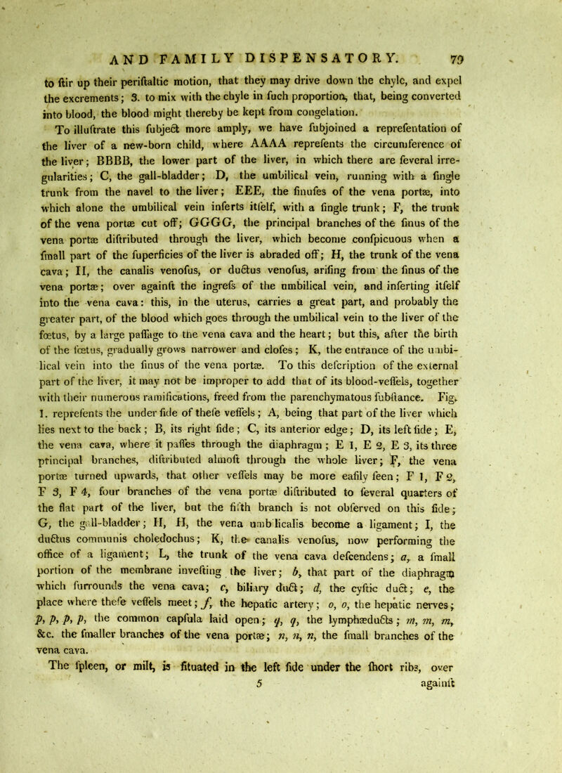 to ftir up their periftaltic motion, that they may drive down the chyle, and expel the excrements; 3. to mix with tlw; chyle in fuch proportion, that, being converted into blood, the blood might thereby be kept from congelation. To illuftrate this fubjecl more amply, we have fubjoined a reprefentation of the liver of a new-born child, where AAAA reprefents the circumference of the liver; BBBB, the lower part of the liver, in which there are feveral irre- gularities ; C, the gall-bladder; D, the umbilical vein, running with a fingle trunk from the navel to the liver; EEE, the finufes of the vena portae, into which alone the umbilical vein inferts itfelf, with a fingle trunk; F, the trunk of the vena portae cut off; GGGG, the principal branches of the finus of the vena portae diftributed through the liver, which become confpicuous w'hen a fraall part of the fuperficies of the liver is abraded off; H, the trunk of the vena cava; II, the canalis venofus, or du6tus venofus, arifing from the finus of the vena portae; over againft the ingrefs of the umbilical vein, and inferting itfelf into the vena cava: this, in the uterus, carries a great part, and probably the greater part, of the blood which goes through the umbilical vein to the liver of the foetus, by a large paflage to tlie vena cava and the heart; but this, after the birth of the foetus, gradually grows narrower and clofes; K, the entrance of the umbi- lical vein into the finus of the vena portce. To this defeription of the external part of the liver, it may not be improper to add that of its blood-velTels, together \vith their numerous ramifications, freed from the parenchymatous fubfiance. Fig, I. reprefents the under fide of thefe vefTels; A, being that part of the liver which lies next to the back ; B, its right fide ; C, its anterior edge; D, its left fide; E, the vena cava, where it paffes through the diaphragm; E I, E 2, E 3, its three principal branches, diftributed almoft through the whole liver; F, the vena portae turned upwards, that other veffels may be more eafily feen; F 1, F 2, F 3, F 4, four branches of the vena portae diftributed to feveral quarters of the flat part of the liver, but the fifth branch is not obferved on this fide; G, the gall-bladder; H, FI, the vena un)b licalis become a ligament; I, the dufitus communis choledocbus; K, the canalis venofus, now performing the office of a ligament; L, the trunk of the verva cava defeendens; a fmall portion of the membrane invefting the liver; b, that part of the diaphragoj which furrounds the vena cava; c, biliary dufit; d, the cyftk dua; e, the place where thefe veffels meet; the hepatic artei’y; o, o, the hepatic nerves; A A pi common capfula laid open; q, q, the lymphasdufils; w, m, /tz, &c. the final lev branches of the vena portae; «, «, w, the fraall branches of the vena cava. The fpleen, or milt, is fituated in the left fide under the fbort ribs, over '. 5 againft