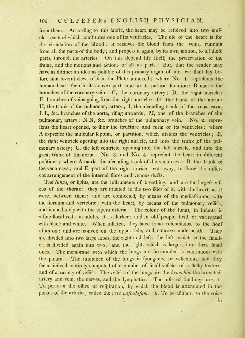 from them. According to this fabric, the heart may be refolved into two muf- cles, each of which conftitutes one of its ventricles. The ufe of the heart is for the circulation of the blood : it receives the blood from the veins, running from all the parts of the body; and propels it again, by its own motion, to all thofe parts, through the arteries. On this depend life itfelf, the prefervation of the frame, and the motions and actions of all its parts. But, that the reader may have as diftin6t an idea as poffible of this primary organ of life, we lhall lay be- fore him feveral views of it in the Plate annexed ; where No. 1. reprefents the human heart feen in its convex part, and in its natural fituation; B marks the branches of the coronary vein ; C, the coronary artery; D, the right auricle ; E, branches of veins going from the right auricle; G, the trunk of the aorta : H, the trunk of the pulmonary artery ; I, the afcending trunk of tlie vena cava, LL, &c. branches of the aorta, rifing upwards; M, one of the branches of the pulmonary artery; N N, &c. branches of the pulmonary vein. No. 2. repre- fents the heart opened, to Ihow the ftru6ture and form of its ventricles; w'here A expreffes the mufcular feptum, or partition, which divides the ventricles; B, the right ventricle opening into the right auricle, and into the trunk jof the pul- monary artery; C, the left ventricle, opening into the left auricle, and into the great trunk of the aorta. No. 3. and No. 4. reprelent the heart in different pofitions ; where A marks the afcending trunk of the vena cava; B, the trunk of the vena cava; and E, part of the right auricle, cut away, to lliow the differ- ent arrangement of the internal fibres and venous dudts. The lungs, or lights, are the inftruments of breathing, and are the largeft vif- cus of the thorax: they are fituated in the two tides of it, with the heart, as it w'ere, between them: and are connefited, by means of the mediaftinum, with the fternum and vertebrae; with the heart, by means of the pulmonary veffels, and immediately with the afpera arteria. The colour of the lungs, in infants, is a fine florid red; in adults, it is.darker; and in old people, livid, or variegated with black and white. When inflated, they have fome refemblance to the hoof of an ox ; and are convex on the upper fide, and concave underneath. They are divided into two large lobes, the right and left; the left, which is the fmall- er, is divided again into two; and the right, w'hich is larger, into three fmall ones. The membrane with which the lungs are furrounded is continuous with the pleura. The fubftance of the lungs is fpongious, or veficulous, and they feera, indeed, entirely compofed of a number of fmall veficles of a flefliy texture, and of a variety of veflels. The veffels of the lungs are the bronchia, the bronchial artery and vein, the nerves, and the lymphatics. The ufes of the lungs are, I. To perform the office of refpiration, by which the blood is attenuated in the plexus of the arteries, called the rete vajculofivn, 2. To be affiftant to the voice 1 in