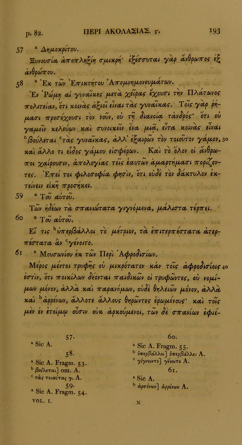 ρ. 82. 57 “ Αη/Λοχρίτου. αυνουσ·'ίΛ Λττοττλη^ίη (τι^,ίχρη' ε^ε(Τ(ΓντΛΐ γα>ρ ά,νθρωτΓος ε^ ΛνϋΟύύΤΓΟυ. 58 “ ’Εκ τύύν *Έ.7Γΐχτ^του Άττορονι^ροονευρίΛτων. ^ ^ Έν 'Ρα);ΐ6») Λί γυνΛ^χες /ΛετΛ χείρΛς εχουσ-ι, την Πλάτωνος ττοΧιτείΛν, ότι χοινΛζ λ^ιοι εινΛΐ τΛς γννΛίχΛ^. Ύοΐζ /Λρ ρη- ίίΛΟΊ 'ττροο'εχονο'ΐ τον νονν, ον τη ^ΐΛνοΐΛ τΛν^ρος ΟΤΙ ον „ / » /ν'/ ^Λ^ειν χεΛενοιίν χΛΐ (τννοιχειν ενοο ροΐΛ, ειτοο χοινοίζ' εινοοι ^βονλετΛΐ '^τΛς γννΛΊχοος, άλλ’ εζα,ιρων τον τοιοντον γΛ/χ>ον,3ο χλ) άλλο τι εΐ^ος γΛί^ον εισ-φερων. Κλ< το ολον οι Λνύρω- τΓοι χα,ίρονσΊν, ΛττολογίΛς τοις εοοντων ά,ροΛρτηροΛσΊ ττοριζον- τες. Έττεί τοι φι^οίΓοφίΛ φησΊν, 0τι ον^ε τον ^οίχτνλον εχ- τεινειν ειχη ττροιτηχει. 59 Τοι» αντον. Των ηΚων ΤΛ (τττΛνιωτΛΤΛ γιγνόροενα., ^ΛλιστΛ τερττει. ® Του Λϋτοι». ' ΕΓ τις ^ νττερβά,λλοι το μ,ετριον, τλ εττιτερτίεσΎΛτοο Λτερ- τΓεστΛτΛ ΰίν ^γενοιτο. ® Μοϋο-ίϋνίοι» εχ των ΤΙερ) Άφρο^ιιτίων. ΜεροΓ {χεντοι τρνφης ον ιχιχρότατον κάν τόίς Λφρο^ισ-ίοις 4° ε<Γτ)ν, ’ότι τΓοιχιλων ^εοντοοι τται^ιχων οι τρνφωντες, ον νο/χί^ μ,ων (χόνον, όολλΛ χλ) 7ΤΛρΛνό(χων, ον^ε ζηλειών ιχονον, ΛλλΛ ΧΛΐ ^Λρρενων, Λλλοτε Λλλονς θηρωντες ερω(χενονς' χοοι τόίς (χεν εν ετοί/ζ,ω ονατν ονχ Λρχον^χενοι, των όε (τττΛνίων εφιε- 57· * δίο Α. 58. ® δίο Α. Εγ3§Π1. 53 βουλίταί] Οίη. Α, τά< τοίΛντας γ. Α. ο. 59· * δίο Α. Γγλ^γπ. 54· νοι.. I. 6ο. “ δίο Α. Γγ&§πι. 55* ^ ΜΓίρ/3άλλθί] ννερβάλλα Α. ' γίγνοιντο] <γίνοίτο Α. 6ι. “ δίο Α. ^ ά^ίτεναιν] άρρίνων Α. Ν