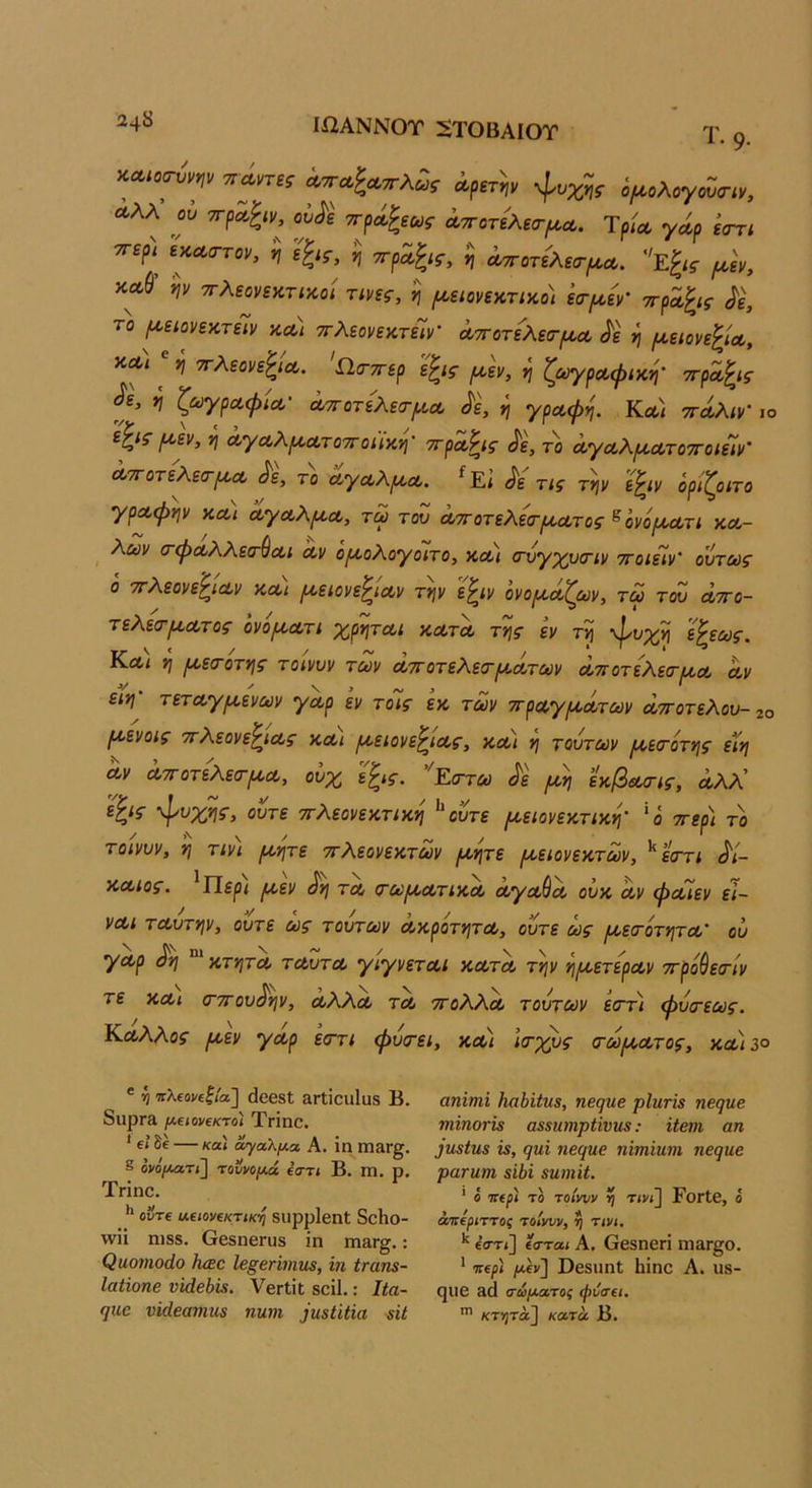 ΙΩΑΝΝΟΤ 2ΤΟΒΑΙΟΤ Τ. 9. όΐΑ,ολογοΖαν, Λλλ ου 7τρί£,|ίν, ου^Ι ττρΛ^εως Λττοτελεσ-^Λ. Τρία, γάρ εστι ττερι^ εκΛσ-τον, ^ ε^ις, η ττραζις, η ^οτελεσ-μ,Λ. Έξ^ις ^ε\, καδ’ ψ ·πΧεονεν.τι%οί τίνες, ^ μ,ειονεκπΜΐ έ(τ/α,ε'ν' ττρα^ίς ^ε, το (^ειονεκτειν κα) ττλεονεκτεΊν' Λττοτελεσ-ια,α ^ε ^ (χειονε^ια, ν.θ/1 η ττλεονε^ΐΛ. Ώ,ίττΓερ ε^ις μ,εν, η ζοϋγραψικη' 'π’ρα^ίς ^ε, ή ζωγραφία,' Λττοτελεσ-μ,α. Λ', η γραφΐ Κα,) ττάλιν’ ιο ε|<5· ^εν, η Λγα,λροα,τοτΓοιίκη' ττραΡις Λ', το Λγα,λ/α,ατοττοιε'ίν' ΛτΓοτελεσ-μ,α, ^ε, το αγα,λ/α,α. ^Εΐ ^ε τις τψ ϊ^ιν όρίζοιτο γραφψ κα) αγαλρια, τω του αττοτελ&ιαατος ^όνόρ^ατι κα- λών (τφαλλε(Γ(}αι αν ό^ολογοιτο, καίι (τύγχυσΊν ττοιείν' ούτως ο ττΧεονε'^ιαν και ριειονε^ιαν τν\ν ε^ιν ονο^αΧ^ν, τω του αττο- τελε(τμ,ατος ονομ,ατι χρηται κατα τν^ς εν τη \1υχ,η 'ε^εως. ^ ^ ~·> / \ ^ Χ' ^ ^ ΐνΛ< η ι^εοΌτης τοινυν των αττοτεΧετριατων αττοτεΧειτιαα αν είη' τεταγριενων γαρ εν το~ις εκ των ττραγ/ί^,άτων οί·^οτελου-2ο ροενοις ττΧεονε^ιας και ριειονε^ιας, κα) η τούτων ιαειτοτης εΐη αν ατΓοτελεα-^α, ούχ ί^ις. ’'Ε(ττω ^ε μίη εκβαοΊς, αλλ' ε^ις -ψυχής, ούτε ττλεονεκτικη ^ούτε [Μειονεκτική- 'ό ττερ) το τοινυν, η τιν) [Μήτε ττλεονεκτων [Μήτε [Μειονεκτων, ^εσ-η δί- καιος, Περί [Μεν τα ιτωριατικα αγαύα ούκ αν φαίεν εί- ναι ταυτψ, ούτε ως τούτων ακρότητα, ούτε ως [Μειτότητα' ου γαρ “ κτητα ταυτα γίγνεται κατα τψ η[Μετεραν ττρόύεα-ίν τε και (ΓΤΓου^ην, αλλα τα ττολλα τούτων εστ) φύα-εως. Κοολλοί- [Μεν γαρ ε(ττι φύ<τει, κα) ισ-χύς (τω[Ματος, καιζο ® η πλεοκΙ/α] άοβδί 3Γΐΐοιι1α8 Β. δΐΐρΓ& μ€ΐονΐκτο\ ΤγΪιΙΟ. * εΐ δέ — και ^αλμ,α Α. ΐη Π1»Γ^. δ όνο/ΛαΤί] τονι/οίλά έστί Β. ΓΠ. ρ. Τπηο. ** οίίτε ΐλ€ΐον(κτικη δίφρίεπί δοΐιο- ■ννΐί ηΐδδ. ΟβδηβΓϋδ ΐη πιη,γ^. : ^αο^ηοάο Ηαο Ιβ§βήηιη$, ΐη Ιταη$- Ιαϋοηβ νϊάεΒϊχ. νβΓίΐί δοΐΐ.: Ιέα- 7ΜΟ υΐάβανιηί ηηιη ^η8ύΙϊα δίί αηΐηιΐ ΗαΒϋυ$, ηβφιε ρΐηήβ ηεςιιβ τηΐηοτΪ8 α83υ)ηραυιΐ3: ϋειη αη ^ιι8^ιι$ 13, ηηί ηε(ΐηε ηϊτηΐυ,νι ηεηηε ρατΗΜ 3'ώϊ 3ηιιύΙ. * ό ττερ* το τοίνυν η τινϊ] ΓοΓίβ, ο απέριττος τοίνυν, η τινι. ε’σ·τι] ίσται Α, ΟβδΠβΠ Π1&Γ§0. ’ Ίΐίρι /4εν] ϋβδπηΐ Ιιΐηο Α. υδ- (}ΐΐβ σωματοζ ψνσει. ™ κτητα] κατα Β.