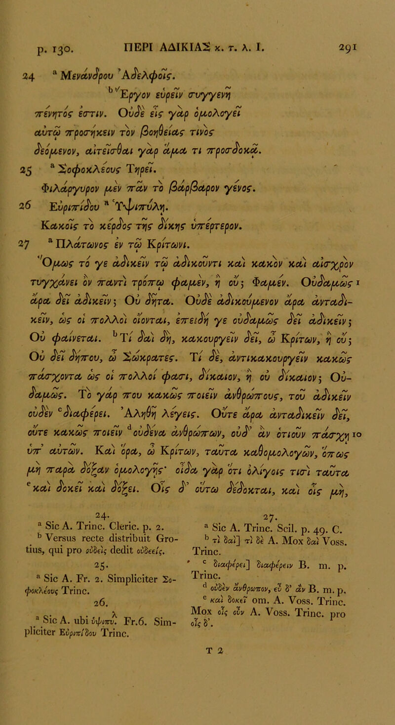 24 “ Μενοίν^ρου ^Α^ελψοϊς. Κργον ευρειν ατυγγενη ττενητος εστιν. Οΰ^ε εις γαρ ο^^ολογεΐ Λυτω ττροσ-ηίίειν τον βοήθειας τιν)>ς ^εόροενον, Λίτείτ^Λΐ γΛρ <ίροΛ τι 7τρο(Τ^οκ£. 25 “ Χοφοκλεους ΤηρεΤ. ΦιλΛργυρον ριεν ττΛν το βάρβαρον γένος. 26 Κύριττί^ου *' Τφιττυλ^. Κα,κοΊς το τοερ^ος της ^ίκης ύττερτερον. 27 ^ΠλΛτωνος εν τω Κριτωνι. 'Οροας το γε Λ^ικεϊν τω Λ^ιηουντι ·κοοι κακόν και α'κτχρον τυγχάνει ον τταντι τροττω φαροεν, η ου; Φαροεν. Ούά'αροωςΐ άρα άε7 άάικε7ν; Ού ά'ητα. Ούάε αάικουροενον αρα άνταάι- κεΤν, ως οι ττολλο) οίονται, εττειάη γε ού^αροως ά'εί ά^ικείν; Ού φαίνεται. ^Ύι ^α) άη, κακουργε7ν ά'εί, ώ Κριτών, η ού; Ού ά'ε7 άητΓου, ώ Χωκρατες. Τί ^ε, άντικακουργείν κακώς ττάτχοντα ως οι ττολλοί φατι, δίκαιον, η ού δίκαιον; Ού- ά^αροως. Το γάρ ττου κακώς ττοιίίν άνύρωττους, του αά'ικείν ού}εν '^^ιαφερει. Άληθη λεγεις. Ούτε αρα άντα^ικείν ά'εϊ, ούτε κακώς ττοιείν ^ού^ενα άν^ρωττων, ού^' αν ότιουν ττάσ-χηΐο ύτΓ αύτων. Και ’όρα, ώ Κριτών, ταντα καύοροολογων, όπως ροη παρά ά'ό^αν οροολογης’ οϊάα γάρ οτι ολίγοις τιατ ταύτα β '· ίί ~ “11 όί- και όοκει και αοΡει. σις τ/ ουτω ^εά'ι οκται, και οις ροη, . ^ 8ΐο Α. Τηηο. Οΐβπο. ρ. 2. ^ νβΓβυδ ΓβοΙβ (ϋδ1πΐ3ΐιΐΐ 6γο- ΐίιΐδ, ςαΐ ρΓΟ ίίδε'κ οΐβίΐΐΐ ού^εείς. 25. “ 8ίο Α. Ργ. 2. 8ίπιρ1ίοίΐ6Γ Σο- <Ρ<ικλ4ους Τπηο. 20. ® 8ΪΟ Α. α1)ΐ ίψίττν. Γγ.6. 8ϊγπ- οΤίδ’ ρΙΐοΐΐβΓ Είρίττ/δβυ Τπηο. . ^7· ® 8ιο Α. Τηηο. 8οί1. ρ. 49· Ο. τ< δαί] Τί δέ Α. Μοχ δαί Υοδδ. Τήηο. διαφβρεί] ^ιαψεραν Β. ηι. ρ. Τγιπο. ^ οίδβν ανθρωιιον, ε5 δ’ αν Β. ηΐ. ρ. ® κα'ι δοκίί ΟΠ1. Α. Υοδδ. Τπηο. Μοχ όίς οίν Α. Υοδδ. Τπηο. ρΓο Τ 2