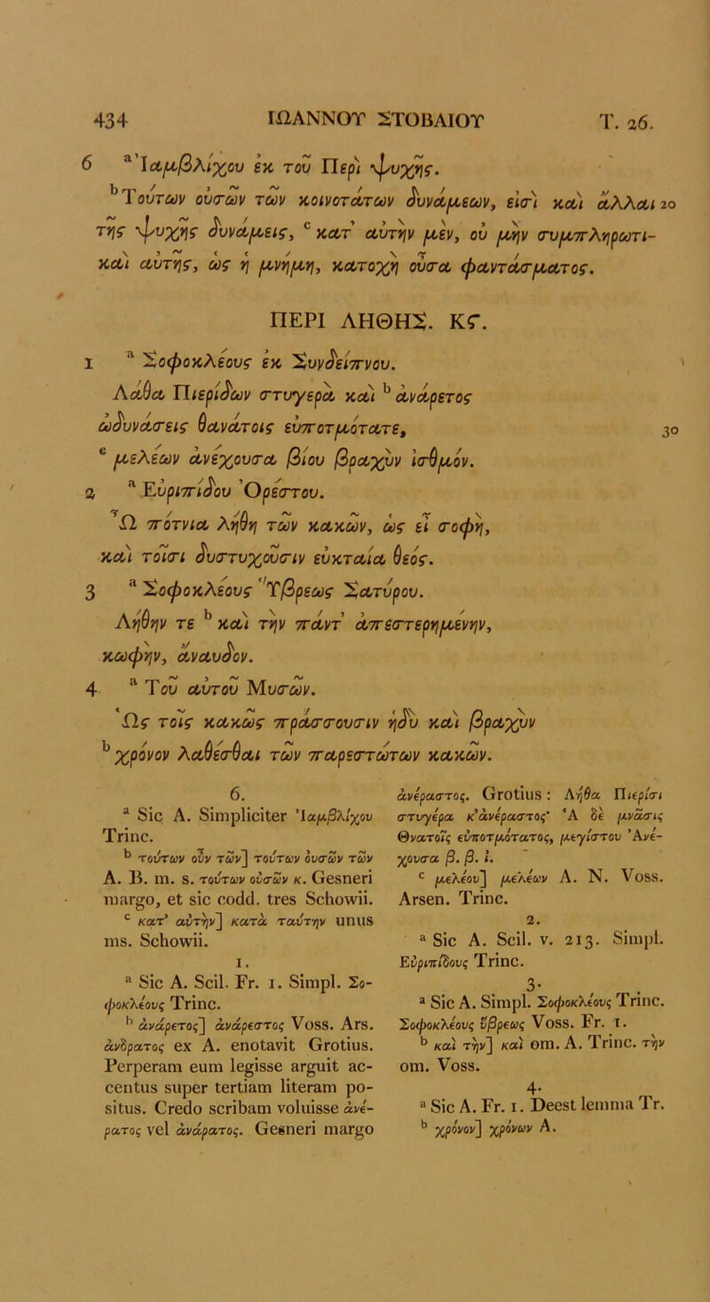 6 ^ ία,^βλίχου εκ του Περ) φυχΐίς. ^Τουτίϋν οΰ/των των κ,οίνοτοίτων ^υνά,^εων, ε'κη κοο) Λλλα,ίζο της ■φ'υχης Αινα^είς, ΚΛτ αύτην /^εν, ου (νυην σνιχ,ττληρωτι- κΛί αυτής, ως η ^νη/αη, κατο^ ουτα ψαντάσ·/Α,ατος. ΠΕΡΙ ΛΗΘΗ5. Κς·. 1 '!$οφοκλεους εκ 'ϊ,υν^είττνου. Αάύα Τϊιερ'κ^ων (ττυγερα και ανάρετος ω^υναιτεις θανάτοις ευττοτ^ότατε^ (κεΧεων ανεχουτα βίου βρα·^ν Ιτ^ιαον. Ζ ^ Ε,υριττί^ου 'ΟρεοΎου. ^Ώ, ττότνια λη^η των κακών, ως εΤ σ-οφη, και τοΊσ-ι ^υττυχουσ-ιν ευκταία ύεος. 3 'ϊ.οφοκλεους 'Τβρεως Χατυρου. Αηύην τε κα) την ττάντ αττεττερη^^ενην, κωφήν, αναυ^ον. 4 ^ Του αυτου Μυιτων. Ως τοις κακώς ττράο-α-ουσ-ίν η^ και βρα^ν ^ χρόνον λαύετύαι των τταρεστωτων κακών. 6. “ δΐο Α. 8ίηΐρ1ίθΐΐ6Γ ΊαμβλΙχου Τπηο. ^ τοντων ουν των] τούτων ουίτων των Α. Β. ιη. δ. τούτων οίσων κ. ΟβδηβΓΐ ιΐ)ΛΓ§ο, 6ΐ δΐο οοάϋ. ΐΓβδ δοΙιοΛνϋ. κα,τ’ αντψ] κατα ταύτψ υπίΐβ ηΐδ. δοΗοννϋ. 1. ® δΐο Α. δοΐΐ. Ργ. I. δΐηιρί. Σο- φοκλίονς ΤΓΐηο. ** άνάρετοζ] άνάρεστος Υοβδ. Αγ8. άνίρατος βχ Α. βηοΐανΐΐ (τΓΟίΐυδ. ΡοΓροΓ&ηι ουιη Ιο^ΐδδβ 3Γ§υΐΐ 30- οεηΐυδ διιρβΓ ΙβΓίΐείΓη ΙΐΐθΓαηι ρο- δΐΐιΐδ. €γ6(1ο 80ΓΪΙ)αηι νοίαΐδδβ άνε- ρατος νοί άνάρατος. ΟοβηΟΓΐ ηΐίΙΓ^Ο ανέραστος. ΟΓΟΙίΐΐδ: Λ0α Πιερίσι στυγερά κ ανέραστος Ά §€ μ,νασις θνατοΤς εύποτρΜΤατος, ι/,εγίστου 'Χνε- γρυσα β. β. Ι. |!Λ€λ£ου] ίΛελεων Α. Ν. Υοδδ. ΑΓδβη. Τήηο. 2. ® δΐο Α. δοΐΐ. V. 2Ι3· δΐΐ11|)1. Εύριττί^ονς ΤΗηο. 3· “ δΐο Α. δΐηιρί. Σοφοκλεους Τπηο. Σοφοκλεους ύβρεως Υοδδ. 1γ. Τ. ** και τψ] κα) ΟΠΙ. Α. ΤπηΟ. τψ οηι. Υοδδ. 4· ^, “ δΐο Α. Ργ. I. ϋββδί Ιοηιιηίΐ Γγ. ** χρόνον] χρόνων Α.