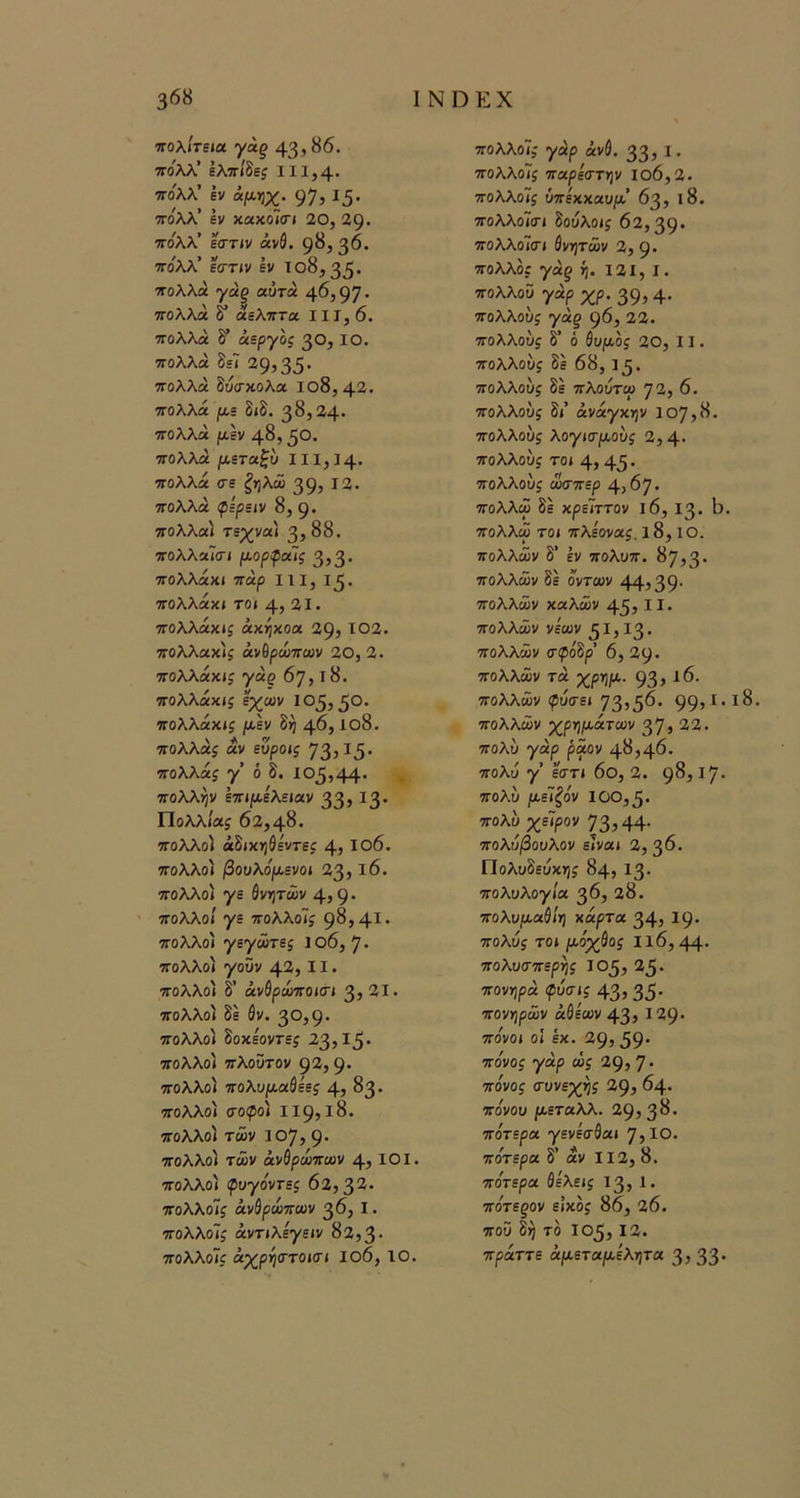 πολιτεία γάξ ΤΓο'λλ’ ελπίδες ΙΙΙ,4· πο'λλ’ εν άμΐ]χ. 97? Ι5· πολλ’ εν κακοϊσΊ 20, 29· πο'λλ’ εστιν άνθ. ^8, 36. πολλ’ εστιν εν Ιθ8, 35· πολλά γά§ αυτά 46,97* πολλά ^ άελπτα II 1,6. πολλά δ* άεργοί 30» ΙΟ· πολλά δει 293 35* πολλά δύσκολα Ιθ8, 42. πολλά με διδ. 38,24* πολλά |«,έν 48,5°* πολλά μετοιξυ II 1,14. πολλά σε ζηλώ 393 ^3* πολλά φίρειν 83 9* πολλαι τεχναι 3?^8. πολλαϊσι μορψοάς 33 3* πολλάκι πάρ ΙΪΙ315* πολλάκι τοι 43 ^Ι* πολλάκιί άχηχοΛ 293 102. πολλακϊί ανθρώπων 20, 2. πολλάκιί γάρ 67318. πολλάκιί εχων 10535°* πολλάχις μεν δη ^6, Ιθ8. πολλάς άν ευροις 735^5* πολλάί γ’ ό δ. 105344* πολλ«ν έπιαελειαν 22,12. Πολλια? 62,48. πολλοί άδικηδεντε^ 4> Ιθ6. πολλοί βουλόμενοί 2^,ΐ6. πολλοί γε θνητών 43 9 * πολλοί γε πολλοί; 983 4^* πολλοί γεγώτε; 10637* πολλοί '/οΰν 4^3 11 * πολλοί δ’ άνθριόποιΟΊ 33 21* πολλοί δε Θν. 3Ο39* πολλοί δοκεοντε; 23315* πολλοί πλούτον 9^3 9* πολλοί πολυμαύέες 4) 83* πολλοί σο(^οί 119318. πολλοί των 1073 9* πολλοί τών ανθρώπων 431°Ι* πολλοί (ρυγοντε; 62,32. πολλοί; ανθρώπων 36, I. πολλοί; άντιλε·/ειν 82,3* πολλοί; άχρηστοισι Ιθ6, ΙΟ. πολλοί; γάρ άνθ. 33? I* πολλοΤ; π αρεστήν Ιθ6,2. πολλοί; ύπεχχαυμ’ 63, ΐ8. πολλοΐσι δούλοι; 62,39* πολλοίσι θνητών 2, 9* πολλος γάξ ή. 121,1. πολλοϋ γάρ χρ. 39, 4* πολλούς γά§ 96, 22. πολλούς δ’ ό θυμός 20, 11. πολλού; δέ 68, 15* πολλου; δε πλούτω 72, 6. πολλου; δι’ ανάγκην 107,8. πολλοίι; λογισμούς 2,4* πολλου; τοι 4,45* πολλού; ώσπερ 4,67* πολλω δε κρεϊττον ΐ6, 13. ί). πολλοϋ τοι πλεονα;. ΐ8, ΙΟ. πολλών δ’ έν πολυπ. 87,3* πολλών δε οντων 44?39· πολλών καλών 45? ϋ* πολλών νέων 51,13* πολλών σφόδρ’ 6, 29* πολλών τά χρηρν. 93» πολλών ρύσει 73»5^* 99»^*^^· πολλών χρημάτων 37» 22. πολύ γάρ ραον 4834^* πολύ γ’ εστι 6θ, 2. 98317* πολύ μείζόν 100,5* πολύ χείρον 73»44· πολύβουλον είναι 2, 36. Πολυδεύκη; 84, 13* πολυλογία ^6, 28. πολυμαθίη χάρτα 34, ^9* πολύς τοι μόχθος Ιΐ6,44* πολυσπεργ)ς ΊΟβ, 25* πονηρά φύσις 43» 35* πονηρών άθεων 43, 129* πονοι οί Ικ. 29,59* πονο; γάρ ώ; 29, 7* πόνος συνεχής 29, 64* πονου μεταλλ.. 29,38* πάτερα γενεσθαι 7»Ι°* πάτερα δ’ άν II2, 8. πάτερα θελεις 13, 1* πάτεξον εΐκο; 86, 26. ποϋ δη το 105,12. πράττε άμεταμελητα 3» 33*