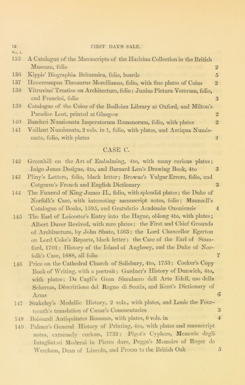 No. I. 135 A Catalogue of the Manuscripts of the Harleian Collection in the British Museum, folio 2 136 Kippis’ Biographia Britannica, folio, boards 5 137 Havercampus Thesaurus Morellianus, folio, with fine plates of Coins 2 138 Vitruvius’ Treatise on Architecture, folio; Junius Pictura Veterum, folio, and Francini, folio 3 139 Catalogue of the Coins of the Bodleian Library at Oxford, and Milton’s Paradise Lost, printed at Glasgow 2 140 Banduri Numismata Imperatorum Romanorum, folio, with plates 2 141 Vaillant Numismata, 2 vols. in 1, folio, with plates, and Antiqua Numis- mata, folio, with plates 2 CASE C. 142 Greenhill on the Art of Embalming, 4to, with many curious plates; Inigo Jones Designs, 4to, and Barnard Len’s Drawing Book, 4to 3 143 Pliny’s Letters, folio, black letter; Browne’s Vulgar Errors, folio, and Cotgrave’s French and English Dictionary 3 144 The Funeral of King James II., folio, with splendid plates: the Duke of Norfolk’s Case, with interesting manuscript notes, folio ; Maunsell’s Catalogue of Books, 1595, and Gratulatio Academia? Oxonicnsis 4 145 The Earl of Leicester’s Entry into the Hague, oblong 4to, with plates; Albert Durer Revived, with rare plates; the First and Chief Grounds of Architecture, by John Shutc, 1563; the Lord Chancellor Egerton on Lord Coke’s Reports, black letter; the Case of the Earl of Stam- ford, 1701; History of the Island of Anglesey, and the Duke of Nor- folk’s Case, 1688, all folio 7 146 Price on the Cathedral Church of Salisbury, 4to, 1753; Cocker’s Copy Book of Writing, with a portrait; Gardner’s History of Dunwich, 4to, with plates; Da Cagli’s Gran Simulacro dell Arte Edell, uso della Scherma, Ddscrittione del Regno di Scotia, and Kent’s Dictionary of Arms 147 Stukeley’s Medallic History, 2 vols., with plates, and Louis the Four- teenth’s translation of Ccesar’s Commentaries 3 148 Boissardi Antiquitates Romance, with plates, 6 vols. in 4 149 Palmer’s General History of Printing, 4to, with plates and manuscript notes, extremely curious, 1732; Bigot’s Cyphers, Memorie degli Intagliatori Modcrni in Pietre dure, Pcgge’s Memoirs of Roger de Wescham, Dean of Lincoln, and Proem to the British Oak 5