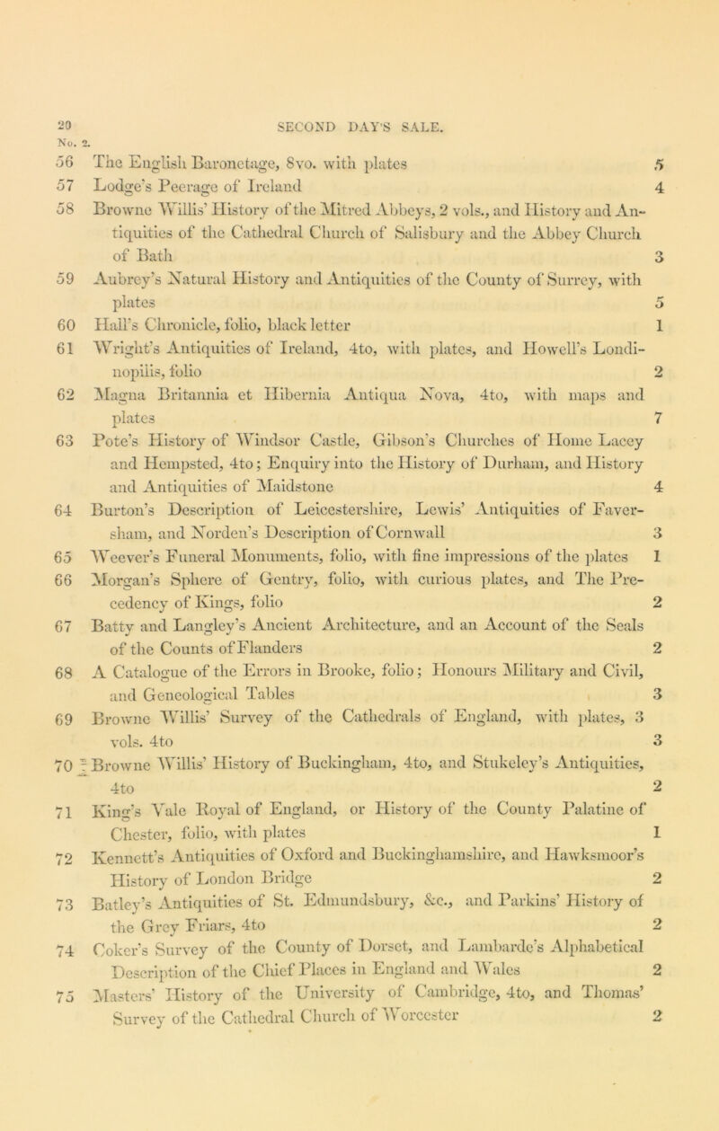 No. 2. <56 The English Baronetage, 8vo. with plates ,5 57 Lodge’s Peerage of Ireland 4 58 Browne Willis’ History of the Mitred Abbeys, 2 vols., and History and An- tiquities of the Cathedral Church of Salisbury and the Abbey Church of Bath 3 59 Aubrey’s Natural History and Antiquities of the County of Surrey, with plates 5 60 Hall’s Chronicle, folio, black letter 1 61 Wright’s Antiquities of Ireland, 4to, with plates, and Howell’s Londi- nopilis, folio 2 62 Magna Britannia et Hibernia Antiqua Nova, 4to, with maps and plates 7 63 Pote’s History of Windsor Castle, Gibson’s Churches of Home Lacey and Ilcmpsted, 4to; Enquiry into the History of Durham, and History and Antiquities of Maidstone 4 64 Burton’s Description of Leicestershire, Lewis’ Antiquities of Faver- sliam, and Norden’s Description of Cornwall 3 65 W eever’s Funeral Monuments, folio, with tine impressions of the plates 1 66 Morgan’s Sphere of Gentry, folio, with curious plates, and The Pre- cedency of Kings, folio 2 67 Batty and Langley’s Ancient Architecture, and an Account of the Seals of the Counts of Flanders 2 68 A Catalogue of the Errors in Brooke, folio; Honours Military and Civil, and Geneological Tables 3 69 Browne Willis’ Survey of the Cathedrals of England, with plates, 3 vols. 4to 3 70 7 Browne Willis’ History of Buckingham, 4to, and Stukeley’s Antiquities, 4to 2 71 King’s Yale Royal of England, or History of the County Palatine of Chester, folio, with plates 1 72 Kennett’s Antiquities of Oxford and Buckinghamshire, and Hawksmoor’s History of London Bridge 2 73 Batley’s Antiquities of St. Edmundsbury, &c., and Parkins’ History of the Grey Friars, 4to 2 74 Coker’s Survey of the County of Dorset, and Lambarde’s Alphabetical Description of the Chief Places in England and Wales 2 75 Masters’ History of the University of Cambridge, 4to, and Thomas’ Survey of the Cathedral Church of YY orcestcr 2