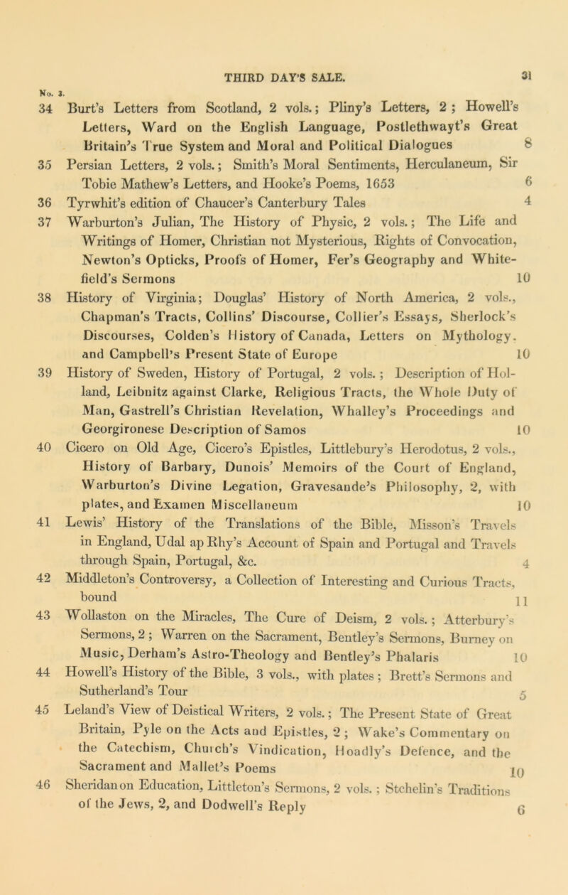 No. 34 35 36 37 38 39 40 41 42 43 44 45 46 THIRD DAY’S SALE. 3i 3. 6 4 Burt’s Letters from Scotland, 2 vols.; Pliny’s Letters, 2 ; Howell’s Letters, Ward on the English Language, Postlethwayt’s Great Britain's True System and Moral and Political Dialogues Persian Letters, 2 vols.; Smith’s Moral Sentiments, Herculaneum, Sir Tobie Mathew’s Letters, and Hooke’s Poems, 1653 Tyrwhit’s edition of Chaucer’s Canterbury Tales Warburton’s Julian, The History of Physic, 2 vols.; The Life and Writings of Homer, Christian not Mysterious, Bights of Convocation, Newton’s Opticks, Proofs of Homer, Fer’s Geography and White- field’s Sermons 10 History of Virginia; Douglas’ History of North America, 2 vols., Chapman’s Tracts, Collins’ Discourse, Collier’s Essays, Sherlock’s Discourses, Colden’s I listory of Canada, Letters on Mythology, and Campbell’s Present State of Europe 10 History of Sweden, History of Portugal, 2 vols. ; Description of Hol- land, Leibnitz against Clarke, Religious Tracts, the Whole Duty of Man, Gastrell’s Christian Revelation, Whalley’s Proceedings and Georgironese Description of Samos 10 Cicero on Old Age, Cicero’s Epistles, Littlebury’s Herodotus, 2 vols., History of Barbary, Dunois’ Memoirs of the Court of England, Warburton’s Divine Legation, Gravesande's Philosophy, 2, with plates, and Examen Miscellaneum 10 Lewis’ History of the Translations of the Bible, Misson’s Travels in England, Udal apRhy’s Account of Spain and Portugal and Travels through Spain, Portugal, &c. 4 Middleton’s Controversy, a Collection of Interesting and Curious Tracts, bound I | Wollaston on the Miracles, The Cure of Deism, 2 vols.; Atterbury’s Sermons, 2 ; Warren on the Sacrament, Bentley’s Sermons, Burney on Music, Derham’s Astro-Theology and Bentley's Phalaris 10 Howell s History of the Bible, 3 vols., with plates ; Brett’s Sermons and Sutherland’s Tour Leland s View of Deistical Writers, 2 vols.; The Present State of Great Britain, Pyle on the Acts and Epistles, *2; Wake’s Commentary on the Catechism, Church’s Vindication, Hoadly’s Defence, and the Sacrament and Mallet's Poems j() Sheridan on Education, Littleton’s Sermons, 2 vols.; Stchelin’s Traditions