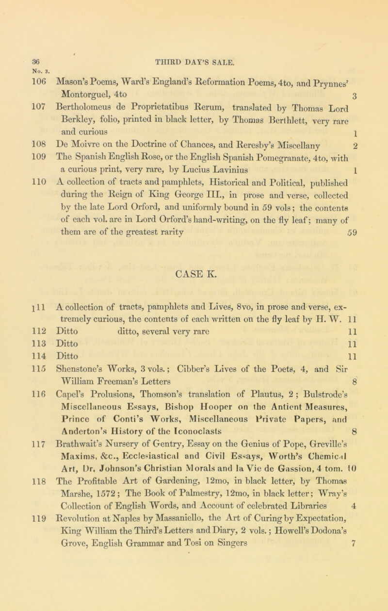 No. 3. 106 Mason’s Poems, Ward’s England’s Reformation Poems, 4to, and Prynnes’ Montorguel, 4to 3 107 Bertholomeus de Proprietatibus Rerum, translated by Thomas Lord Berkley, folio, printed in black letter, by Thomas Berlhlett, very rare and curious X 108 De Moivre on the Doctrine of Chances, and Reresby’s Miscellany 2 109 The Spanish English Rose, or the English Spanish Pomegranate, 4to, with a curious print, very rare, by Lucius Lavinius 1 110 A collection of tracts and pamphlets. Historical and Political, published during the Reign of King George III., in prose and verse, collected by the late Lord Orford, and uniformly bound in 59 vols; the contents of each vol. are in Lord Orford’shand-writing, on the fly leaf; many of them are of the greatest rarity 59 CASE K. ill A collection of tracts, pamphlets and Lives, 8vo, in prose and verse, ex- tremely curious, the contents of each written on the fly leaf by H. W. 11 112 113 114 115 116 117 118 119 ditto, several very rare 11 11 11 Sir 8 8 Ditto Ditto Ditto Shenstone’s Works, 3 vols.; Cibber’s Lives of the Poets, 4, and William Freeman’s Letters Capel’s Prolusions, Thomson’s translation of Plautus, 2 ; Bulstrode’s Miscellaneous Essays, Bishop Hooper on the Antient Measures, Prince of Conti’s Works, Miscellaneous Private Papers, and Anderton’s History of the Iconoclasts Brathwait’s Nursery of Gentry, Essay on the Genius of Pope, Greville’s Maxims, &c., Ecclesiastical and Civil Essays, Worth’s Chemical Art, Dr, Johnson’s Christian Morals and la Vie de Gassion, 4 tom. 10 The Profitable Art of Gardening, 12mo, in black letter, by Thomas Marshe, 1572; The Book of Palmestry, 12mo, in black letter; Wray’s Collection of English Words, and Account of celebrated Libraries 4 Revolution at Naples by Massaniello, the Art of Curing by Expectation, King William the Third’s Letters and Diary, 2 vols.; Howell’s Dodona’s Grove, English Grammar and Tosi on Singers 7