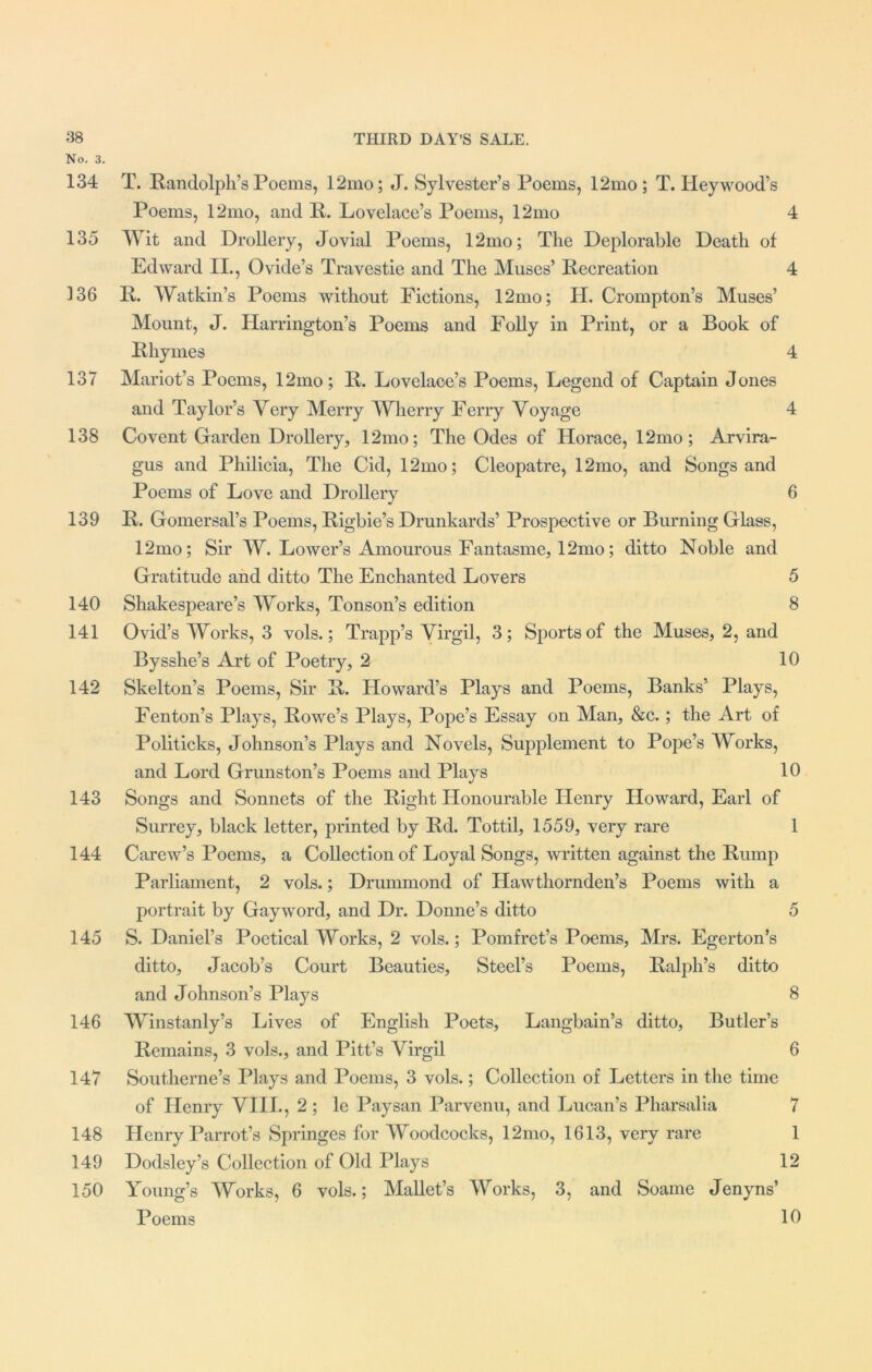 No. 3. 134 135 136 137 138 139 140 141 142 143 144 145 146 147 148 149 150 T. Randolph’s Poems, 12mo; J. Sylvester’s Poems, 12mo; T. Hey wood’s Poems, 12mo, and R. Lovelace’s Poems, 12mo 4 Wit and Drollery, Jovial Poems, 12mo; The Deplorable Death of Edward II., Ovide’s Travestie and The Muses’ Recreation 4 R. Watkin’s Poems without Fictions, 12mo; H. Crompton’s Muses’ Mount, J. Harrington’s Poems and Folly in Print, or a Book of Rhymes 4 Mariot’s Poems, 12mo; R. Lovelace’s Poems, Legend of Captain Jones and Taylor’s Very Merry Wherry Ferry Voyage 4 Covent Garden Drollery, 12mo; The Odes of Horace, 12mo; Arvira- gus and Philicia, The Cid, 12mo; Cleopatre, 12mo, and Songs and Poems of Love and Drollery 6 R. Gomersal’s Poems, Rigbie’s Drunkards’ Prospective or Burning Glass, 12mo; Sir W. Lower’s Amourous Fantasme, 12mo; ditto Noble and Gratitude and ditto The Enchanted Lovers 5 Shakespeare’s Works, Tonson’s edition 8 Ovid’s Works, 3 vols.; Trapp’s Virgil, 3; Sports of the Muses, 2, and Bysshe’s Art of Poetry, 2 10 Skelton’s Poems, Sir R. Howard’s Plays and Poems, Banks’ Plays, Fenton’s Plays, Rowe’s Plays, Pope’s Essay on Man, &c.; the Art of Politicks, Johnson’s Plays and Novels, Supplement to Pope’s Works, and Lord Grunston’s Poems and Plays 10 Songs and Sonnets of the Right Honourable Henry Howard, Earl of Surrey, black letter, printed by Rd. Tottil, 1559, very rare 1 Carew’s Poems, a Collection of Loyal Songs, written against the Rump Parliament, 2 vols.; Drummond of Hawthornden’s Poems with a portrait by Gayword, and Dr. Donne’s ditto 5 S. Daniel’s Poetical Works, 2 vols.; Pomfret’s Poems, Mrs. Egerton’s ditto, Jacob’s Court Beauties, Steel’s Poems, Ralph’s ditto and Johnson’s Plays 8 Winstanly’s Lives of English Poets, Langbain’s ditto, Butler’s Remains, 3 vols., and Pitt’s Virgil 6 Southerne’s Plays and Poems, 3 vols.; Collection of Letters in the time of Henry VIII., 2 ; le Paysan Parvenu, and Lucan’s Pharsalia 7 Henry Parrot’s Springes for Woodcocks, 12mo, 1613, very rare 1 Dodsley’s Collection of Old Plays 12 Young’s Works, 6 vols.; Mallet’s Works, 3, and Soame Jenyns’ Poems 10