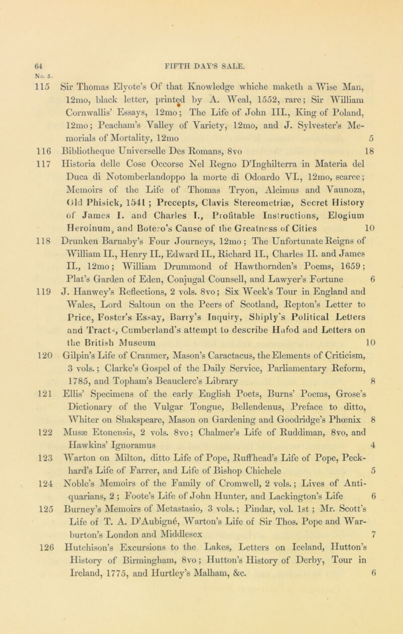 No. 5. 115 Sir Thomas Elyote’s Of that Knowledge whiche maketh a Wise Man, 12mo, black letter, printed by A. Weal, 1552, rare; Sir William Cornwallis’ Essays, 12mo; The Life of John III., King of Poland, 12mo; Peacham’s Valley of Variety, 12mo, and J. Sylvester’s Me- morials of Mortality, 12mo 5 116 Bibliotheque Universelle Des Romans, 8vo 18 117 Historia delle Cose Occorse Nel Regno D’lnghilterra in Materia del Duca di Notomberlandoppo la morte di Odoardo VI., 12mo, scarce; Memoirs of the Life of Thomas Tryon, Alcimus and Vaunoza, Old Phisick, 1541 ; Precepts, Clavis Stereometriae, Secret History of James I. and Charles T., Profitable Instructions, Eloyium Heroinum, and Botero’s Cause of the Greatness of Cities 10 118 Drunken Barnaby’s Four Journeys, 12mo ; The Unfortunate Reigns of William II., Henry II., Edward II., Richard II., Charles II. and James II., 12mo; William Drummond of Hawthornden’s Poems, 1659; Plat’s Garden of Eden, Conjugal Counsell, and Lawyer’s Fortune 6 119 J. Hanwey’s Reflections, 2 vols. 8vo; Six Week’s Tour in England and Wales, Lord Saltoun on the Peers of Scotland, Repton’s Letter to Price, Foster’s Essay, Barry’s Inquiry, Shiply’s Political Letters and Tract', Cumberland’s attempt to describe Hafod and Letters on tlie British Museum 10 120 Gilpin’s Life of Cranmer, Mason’s Caractacus, the Elements of Criticism, 3 vols.; Clarke’s Gospel of the Daily Service, Parliamentary Reform, 1785, and Topham’s Beauclerc’s Library 8 121 Ellis’ Specimens of the early English Poets, Burns’ Poems, Grose’s Dictionary of the Vulgar Tongue, Bellendenus, Preface to ditto, Whiter on Shakspeare, Mason on Gardening and Goodridge’s Phoenix 8 122 Musae Etonensis, 2 vols. 8vo; Chalmer’s Life of Ruddiman, 8vo, and Hawkins’ Ignoramus 4 123 Warton on Milton, ditto Life of Pope, Ruffhead’s Life of Pope, Peck- hard’s Life of Farrer, and Life of Bishop Chichele 5 124 Noble’s Memoirs of the Family of Cromwell, 2 vols.; Lives of Anti- quarians, 2 ; Foote’s Life of John Hunter, and Lackington’s Life 6 125 Burney’s Memoirs of Metastasio, 3 vols.; Pindar, vol. 1st ; Mr. Scott’s Life of T. A. D’Aubignd, Warton’s Life of Sir Thos. Pope and War- burton’s London and Middlesex 7 126 Hutchison’s Excursions to the Lakes, Letters on Iceland, Hutton’s History of Birmingham, 8vo; Hutton’s History of Derby, Tour in Ireland, 1775, and Hurtley’s Malham, &c. 6