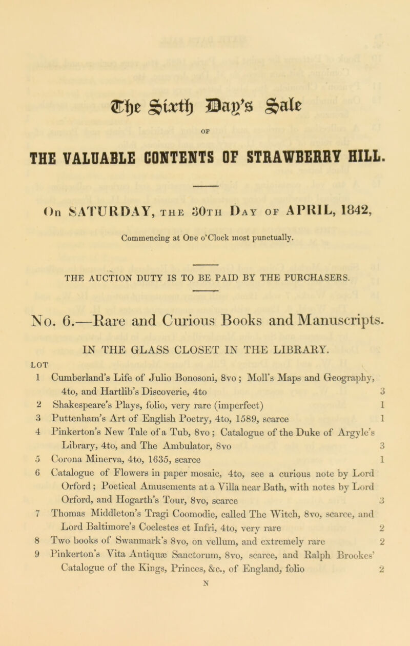 ®:f)e -Daj/s £?ale OF THE VALUABLE CONTENTS OF STRAWBERRY HILL. On SATURDAY, the 30th Day of APRIL, 1842, Commencing at One o’Clock most punctually. THE AUCTION DUTY IS TO BE PAID BY THE PURCHASERS. No. 6.—Rare and Curious Books and Manuscripts. IN THE GLASS CLOSET IN THE LIBRARY. LOT 1 Cumberland’s Life of Julio Bonosoni, 8vo ; Moll’s Maps and Geography, 4to, and Hartlib’s Discoverie, 4to 3 2 Shakespeare’s Plays, folio, very rare (imperfect) 1 3 Puttenham’s Art of English Poetry, 4to, 1589, scarce 1 4 Pinkerton’s New Tale of a Tub, 8vo ; Catalogue of the Duke of Argyle’s Library, 4to, and The Ambulator, 8vo 3 5 Corona Minerva, 4to, 1635, scarce 1 6 Catalogue of Flowers in paper mosaic, 4to, see a curious note by Lord Orford ; Poetical Amusements at a Villa near Bath, with notes by Lord Orford, and Hogarth’s Tour, 8vo, scarce 3 7 Thomas Middleton’s Tragi Coomodie, called The Witch, 8vo, scarce, and Lord Baltimore’s Coelestes et Infri, 4to, very rare 2 8 Two books ol Swamnark’s 8vo, on vellum, and extremely rare 2 9 Pinkerton’s Vita Antiquae Sanctorum, 8vo, scarce, and Ralph Brookes’ Catalogue of the Kings, Princes, &c., of England, folio 2 N