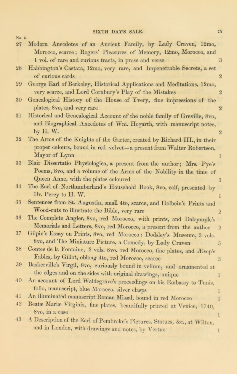 No 6. 27 Modern Anecdotes of an Ancient Family, by Lady Craven, 12mo, Morocco, scarce; Rogers’ Pleasures of Memory, 12mo, Morocco, and 1 vol. of rare and curious tracts, in prose and verse 3 28 Habbington’s Castara, 12mo, very rare, and Impenetrable Secrets, a set of curious cards 2 29 George Earl of Berkeley, Historical Applications and Meditations, 12mo, very scarce, and Lord Cornbury’s Play of the Mistakes 2 30 Genealogical History of the House of Yvery, fine impressions of the plates, 8 vo, and very rare 2 31 Historical and Genealogical Account of the noble family of Greville, 8vo, and Biographical Anecdotes of Wm. Hogarth, with manuscript notes, by H. W. 2 32 The Arms of the Knights of the Garter, created by Richard III., in their proper colours, bound in red velvet—a present from Walter Robertson, Mayor of Lynn 1 33 Blair Dissertatio Physiologica, a present from the author; Mrs. Pye’s Poems, 8vo, and a volume of the Arms of the Nobility in the time of Queen Anne, with the plates coloured 3 34 The Earl of Northumberland’s Household Book, 8vo, calf, presented by Dr. Percy to H. W. ] •>•5 Sentences from St. Augustin, small 4to, scarce, and Holbein’s Prints and Wood-cuts to illustrate the Bible, very rare 2 36 The Complete Angler, 8vo, red Morocco, with prints, and Dairymple’s Memorials and Letters, 8vo, red Morocco, a present from the author 2 37 Gilpin s Essay on Prints, 8vo, red Morocco ; Dodsley’s Museum, 3 vols. 8vo, and The Miniature Picture, a Comedy, by Lady Craven 5 38 Contes de la Fontaine, 2 vols. 8vo, red Morocco, fine plates, and AEsop’s I ables, by Gillot, oblong 4to, red Morocco, scarce 3 39 Baskei ville s Virgil, 8vo, curiously bound in vellum, and ornamented at the edges and on the sides with original drawings, unique l 40 An account of Lord Waldegrave’s proceedings on his Embassy to Tunis, folio, manuscript, blue Morocco, silver clasps I 41 An illuminated manuscript Roman Missal, bound in red Morocco 1 42 Beatae Mariae Virginis, fine plates, beautifully printed at Venice, 1740. 8vo, in a case I 43 A Description of the Earl of Pembroke’s Pictures, Statues, &c., at Wilton, and in London, with drawings and notes, by Vertue 1