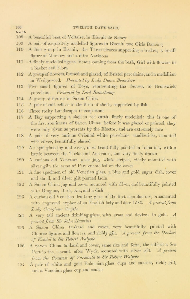 No. 12. 108 A beautiful bust of Voltaire, in Biscuit de Nancy 109 A pair of exquisitely modelled figures in Biscuit, two Girls Dancing 110 A fine group in Biscuit, the Three Graces supporting a basket, a small figure of Mercury and a ditto Antinous 111 A finely modelled figure, Venus coming from the bath, Girl with flowers in a basket and Flora 112 A group of flowers, framed and glazed, of Bristol porcelaine, and a medallion in Wedge wood. Presented by Lady Duma Beauclerc 113 Five small figures of Boys, representing the Senses, in Brunswick porcelaine. Presented by Lord Beauchamp 114 A group of figures in Saxon China 115 A pair of salt cellars in the form of shells, supported by fish 116 Three rocky Landscapes in soap-stone 117 A Boy supporting a shell in red earth, finely modelled; this is one of the first specimens of Saxon China, before it was glazed or painted, they were only given as presents by the Elector, and are extremely rare 118 A pair of very curious Oriental white porcelaine candlesticks, mounted with silver, beautifully chased 119 An opal glass jug and cover, most beautifully painted in India ink, with a battle between the Turks and Austrians, and very finely drawn 120 A curious old Venetian glass jug, white striped, richly mounted with silver gilt, the arms of Parr enamelled on the cover 121 A fine specimen of old Venetian glass, a blue and gold sugar dish, cover and stand, and silver gilt pierced ladle 122 A Saxon China jug and cover mounted with silver, and beautifully painted with Dragons, Birds, &c., and a dish 123 A curious old Venetian drinking glass of the first manufacture, ornamented with engraved cypher of an English lady and date 1580. A present from Lady Georyiana Smythe 124 A very tall ancient drinking glass, with arms and devices in gold. A present from Sir John Hawkins 125 A Saxon China tankard and cover, very beautifully painted with Chinese figures and flowers, and richly gilt. A present from the Duchess of Kendal to Sir Robert Walpole 126 A Saxon China tankard and cover, same size and form, the subject a Sea Port in the Levant, after Wyck, mounted with silver gilt. A present from the Countess of It armouth to Sir Robert Tl alpole 127 A pair of white and gold Bohemian glass cups and saucers, richly gilt, and a Venetian glass cup and saucer