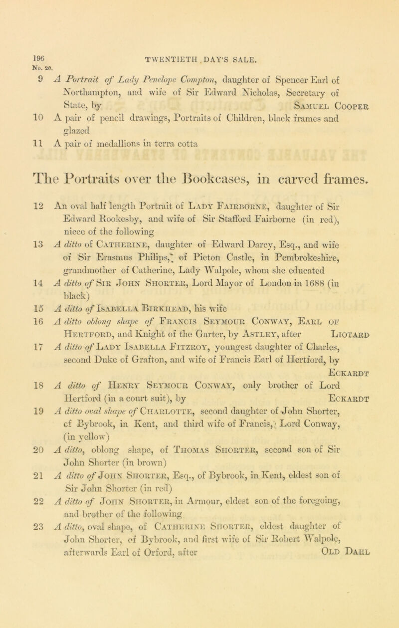 No. 20. 9 A Portrait of Lady Penelope Compton, daughter of Spencer Earl of Northampton, and wife of Sir Edward Nicholas, Secretary of State, by Samuel Cooper 10 A pair of pencil drawings, Portraits of Children, black frames and glazed 11 A pair of medallions in terra cotta The Portraits over the Bookcases, in carved frames. 12 An oval half length Portrait of Lady Faieboene, daughter of Sir Edward Rookesby, and wife of Sir Stafford Fairborne (in red), niece of the following 13 A ditto of Catheeine, daughter of Edward Darcy, Escp, and wife of Sir Erasmus Philips,” of Picton Castle, in Pembrokeshire, grandmother of Catherine, Lady Walpole, whom she educated 14 A ditto of' Si e John Siioetee, Lord Mayor of London in 1688 (in black) 15 A ditto of Isabella Biekhead, his wife 16 A ditto oblony shape of Feancis Seymour Conway, Eael of Heetfoed, and Knight of the Garter, by Astley, after Liotaed 17 A ditto of L ady Isabella Fitzeoy, youngest daughter of Charles, second Duke of Grafton, and wife of Francis Earl of Hertford, by Eckaedt 18 A ditto of Heney Seymour Conway, only brother of Lord Hertford (in a court suit), by Eckaedt 19 A ditto oval shape of Chaelotte, second daughter of John Shorter, of Bybrook, in Kent, and third wife of Francis,'1 Lord Conway, (in yellow) 20 A ditto, oblong shape, of Thomas Siioetee, second son of Sir John Shorter (in brown) 21 A ditto of John Siioetee, Escp, of By brook, in Kent, eldest son of Sir John Shorter (in red) 22 A ditto of John Siioetee, in Armour, eldest son of the foregoing, and brother of the following 23 A ditto, oval shape, of Catherine Shorter, eldest daughter of John Shorter, of Bybrook, and first wife of Sir Robert Walpole, afterwards Earl of Orford, after Old Dai-il
