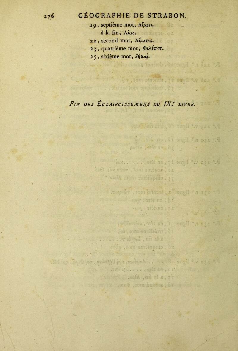 ip, septième mot, Α'ίμονι. à la fin, Αίμο. 22 y second mot, Α'ίμονος. 2 3 , quatrième mot, Φ<λπτπ\ 2$ , sixième mot, Sifteij. Fin des Éclaircissement du IX.e livre. \