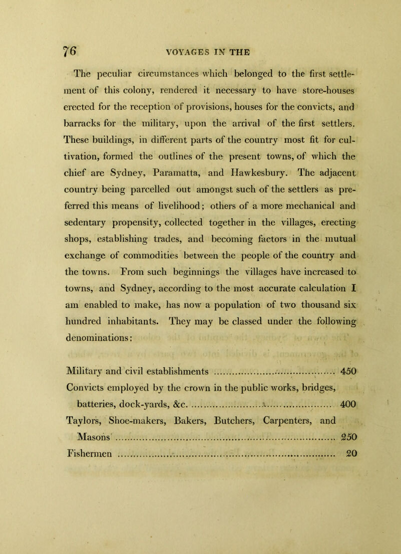 The peculiar circumstances which belonged to the first settle- ment of this colony, rendered it necessary to have store-houses erected for the reception of provisions, houses for the convicts, and barracks for the military, upon the arrival of the first settlers. These buildings, in different parts of the country most fit for cul- tivation, formed the outlines of the present towns, of which the chief are Sydney, Paramatta, and Hawkesbury. The adjacent country being parcelled out amongst such of the settlers as pre- ferred this means of livelihood; others of a more mechanical and sedentary propensity, collected together in the villages, erecting shops, establishing trades, and becoming factors in the mutual exchange of commodities between the people of the country and the towns. From such beginnings the villages have increased to towns, and Sydney, according to the most accurate calculation I am enabled to make, has now a population of two thousand six hundred inhabitants. They may be classed under the following denominations: Military and civil establishments 450 Convicts employed by the crown in the public works, bridges, batteries, dock-yards, &c 400 Taylors, Shoe-makers, Bakers, Butchers, Carpenters, and Masons 250 Fishermen 20