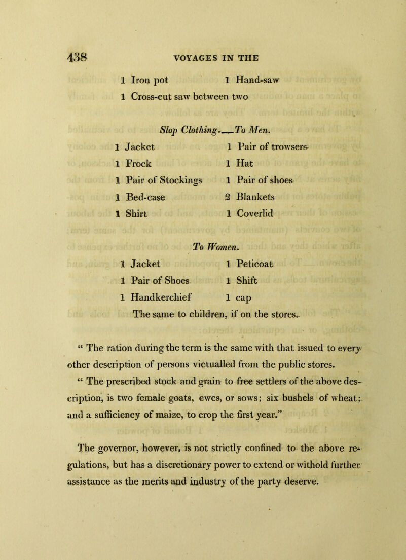 1 Iron pot 1 Hand-saw 1 Cross-cut saw between two Slop Clothing. 1 Jacket 1 Frock 1 Pair of Stockings 1 Bed-case 1 Shirt To Men. 1 Pair of trowsers- 1 Hat 1 Pair of shoes 2 Blankets 1 Coverlid To TVomen. 1 Jacket 1 Peticoat 1 Pair of Shoes 1 Shift 1 Handkerchief 1 cap The same to children, if on the stores. “ The ration during the term is the same with that issued to every other description of persons victualled from the public stores. “ The prescribed stock and grain to free settlers of the above des- cription, is two female goats, ewes, or sows; six bushels of wheat; and a sufficiency of maize, to crop the first year.” The governor, however, is not strictly confined to the above re* gulations, but has a discretionary power to extend or withold further assistance as the merits and industry of the party deserve.