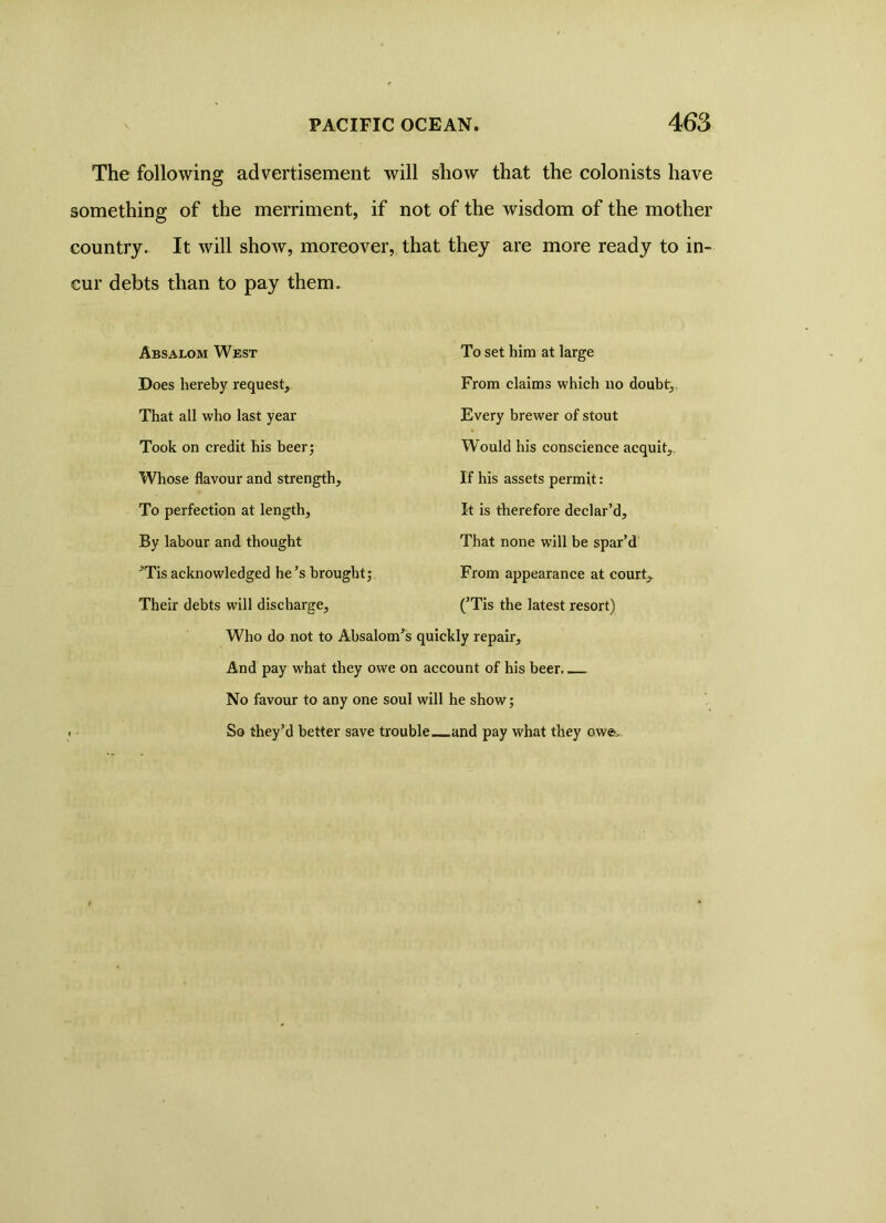 The following advertisement will show that the colonists have something of the merriment, if not of the wisdom of the mother country. It will show, moreover, that they are more ready to in- cur debts than to pay them. Absalom West Does hereby request. That all who last year Took on credit his beer; Whose flavour and strength. To perfection at length. By labour and thought ’Tis acknowledged he’s brought; Their debts will discharge. To set him at large From claims which no doubt. Every brewer of stout Would his conscience acquit,. If his assets permit: It is therefore declar’d. That none will be spar’d From appearance at court,. (’Tis the latest resort) Who do not to Absalom’s quickly repair. And pay what they owe on account of his beer No favour to any one soul will he show; So they’d better save trouble _and pay what they owe.